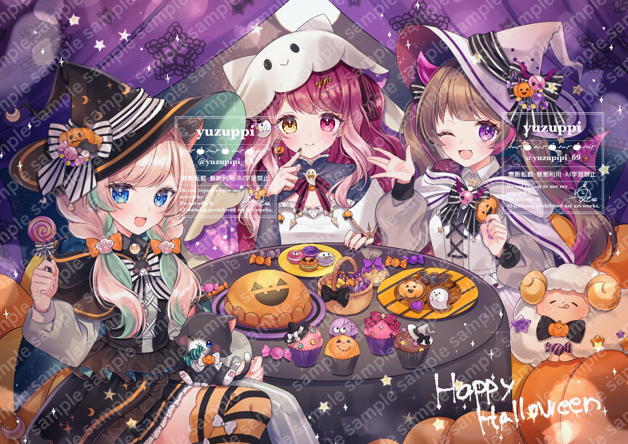 【ご依頼】瑠璃蝶様より、叶守ユメ様・黒百合ももね様・呉羽異ｭ様ハロウィンイラスト-1