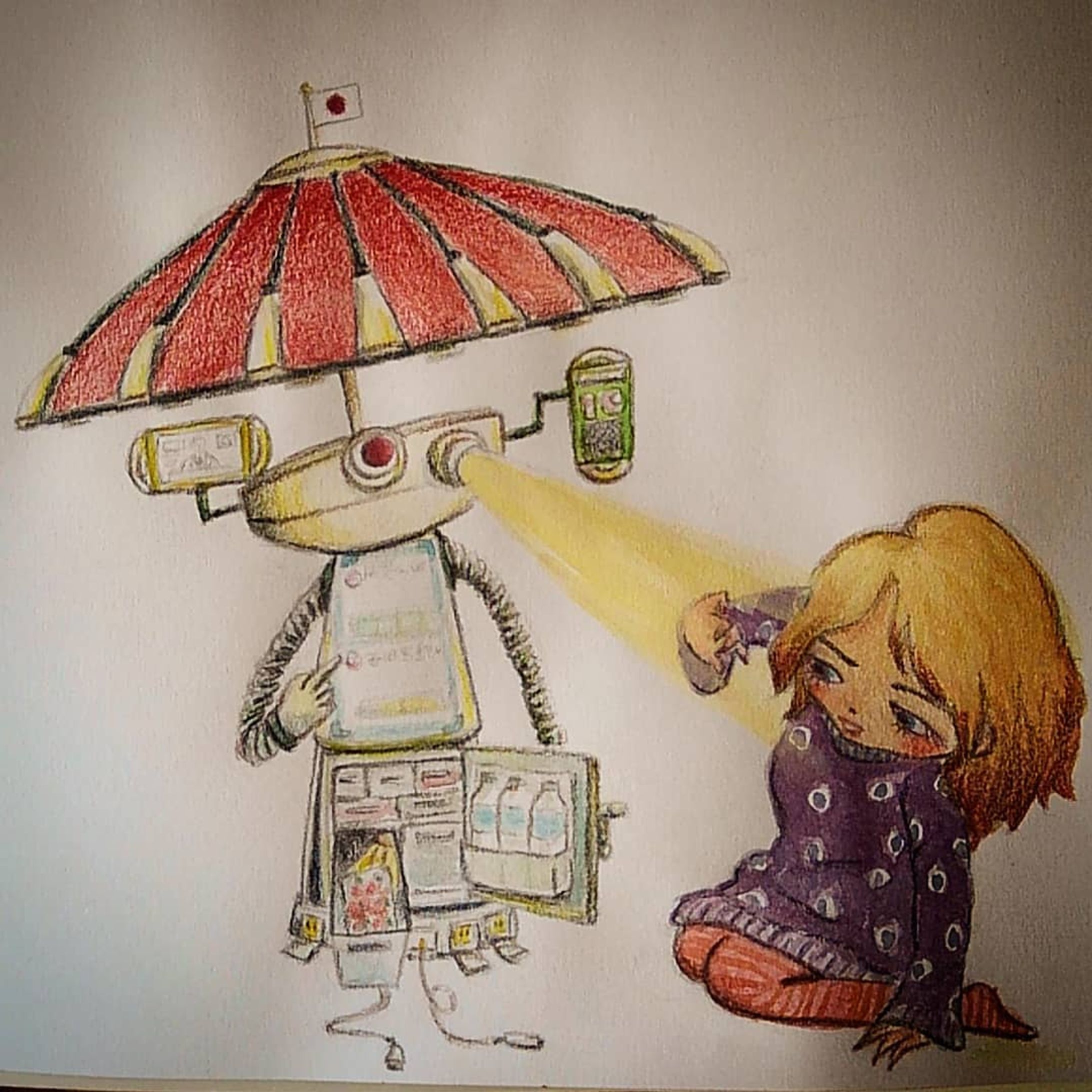 #昨日は 阪神淡路大震災から24年
#防災とボランティアの日
◆
◆
🤖『備えあれば憂いなし！防災モードです！頭は防護傘となり落下物からあなたを守ります。テレビにラジオ、体はタブレットとしてご利用ください。小型冷蔵庫に僅かばかりですが食料も。あなたの大好きなイチゴも常備していますのでご安心を！』.
🚺『あ、わたしイチゴ嫌いなんだ～』.
🤖『そうでしたか！すみません。ただちに情報をアップデートしておきます。(全女子がイチゴ好きなわけではない……と)』
◆
◆
#お世話ロボットと女の子の妄想ストーリー
#女の子 
#女の子イラスト
#ガールズイラスト
#半目女子
#優しい #ロボット
#お世話ロボット
#防災ロボット
#robot #girl
◆
#今日は何の日
#whatistoday
#drawing #art 
#illustration
#一日一絵
#妄想ストーリー
#ctrlzの効かない世界-1