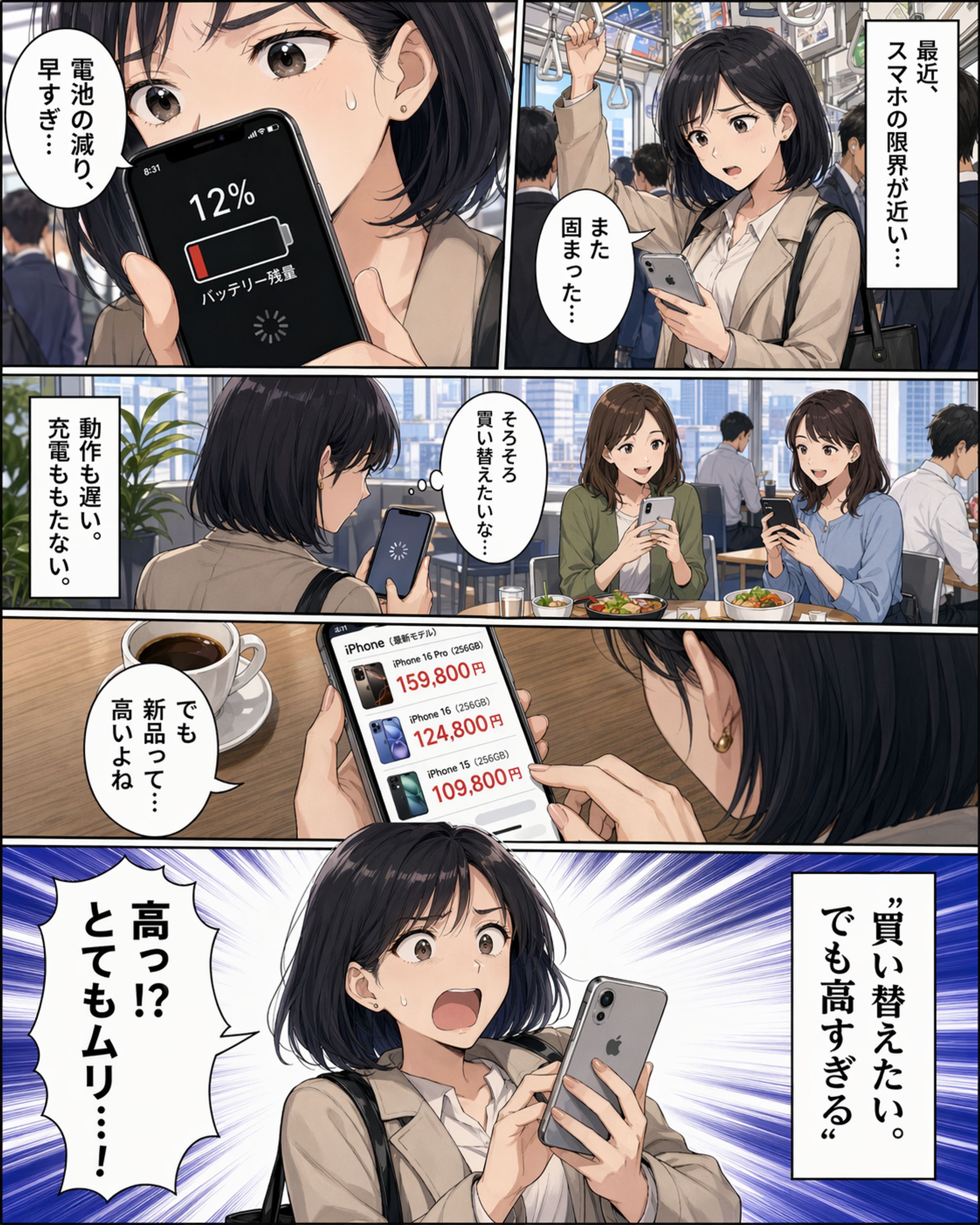 【広告AI漫画】【最新CHAT-GPTIMAGEで作成】【中古】iPhone SE 3 第3世代 64GB Bランク スマホ 本体 SIMフリー ミッドナイト-1