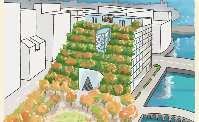 建築イラスト１１月「アクロス福岡」