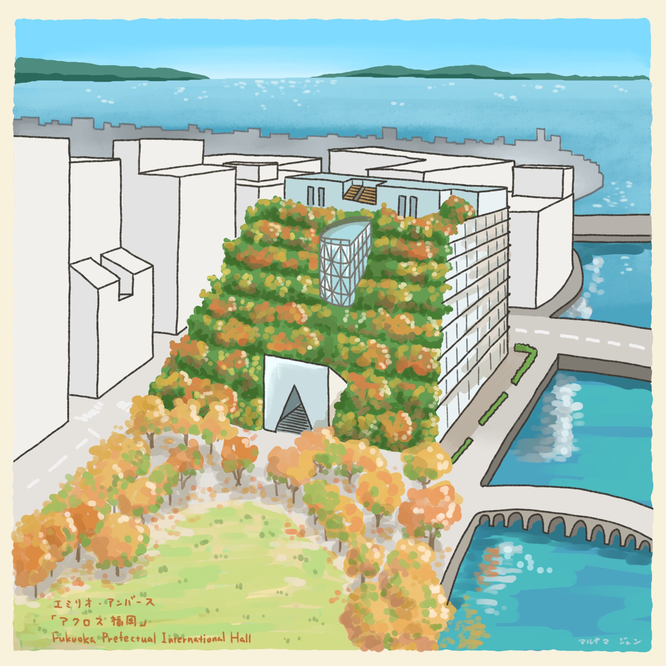 建築イラスト１１月「アクロス福岡」-1