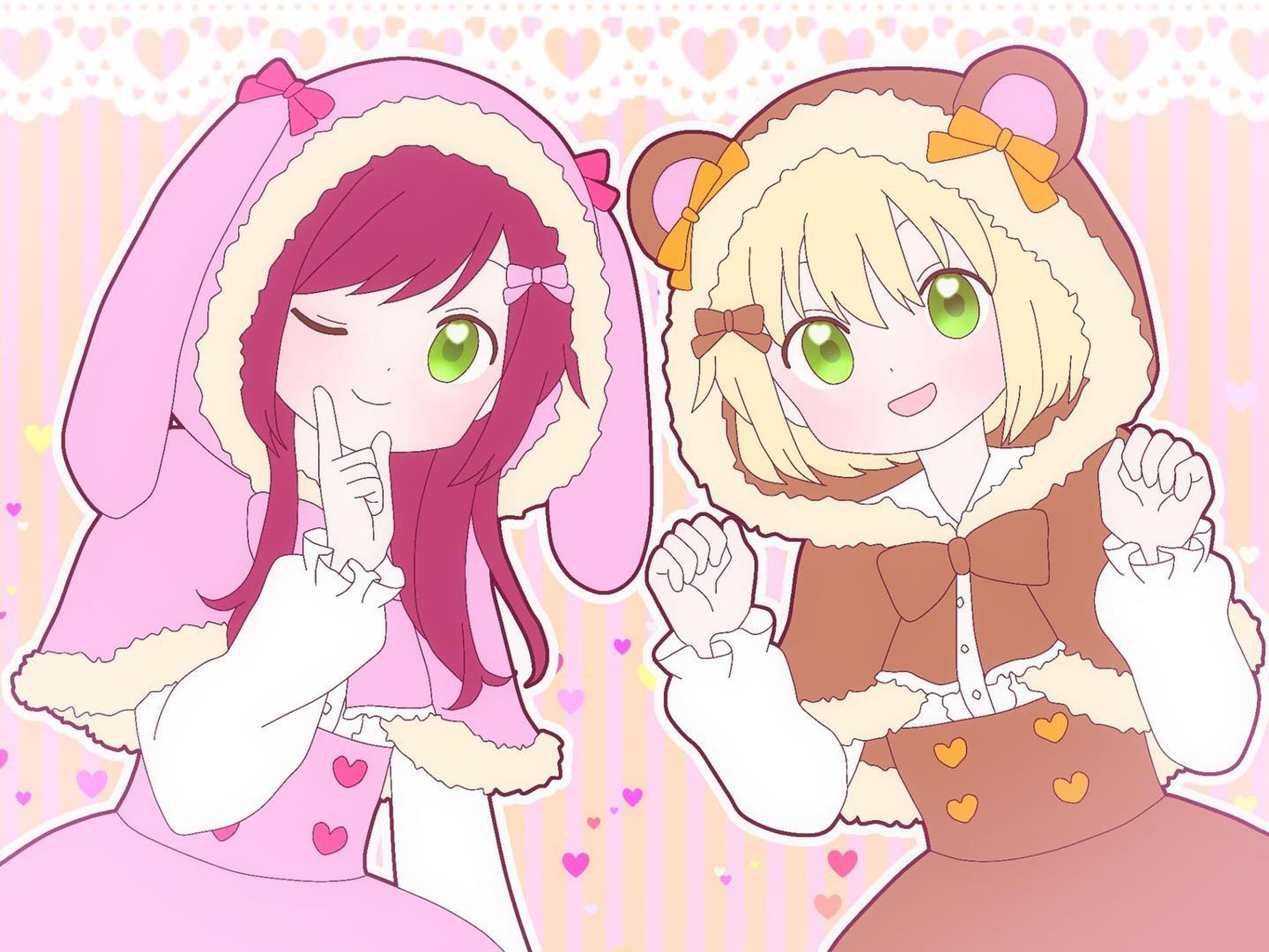うさ耳ちゃんとクマ耳ちゃん🐰🐻
#イラスト　#お絵描き　#オリジナル　#オリジナルイラスト　#illust #illustration #デジタルイラスト　#女の子　#女の子イラスト　#うさ耳　　　#クマ耳　#フード　#ロリィタ-1