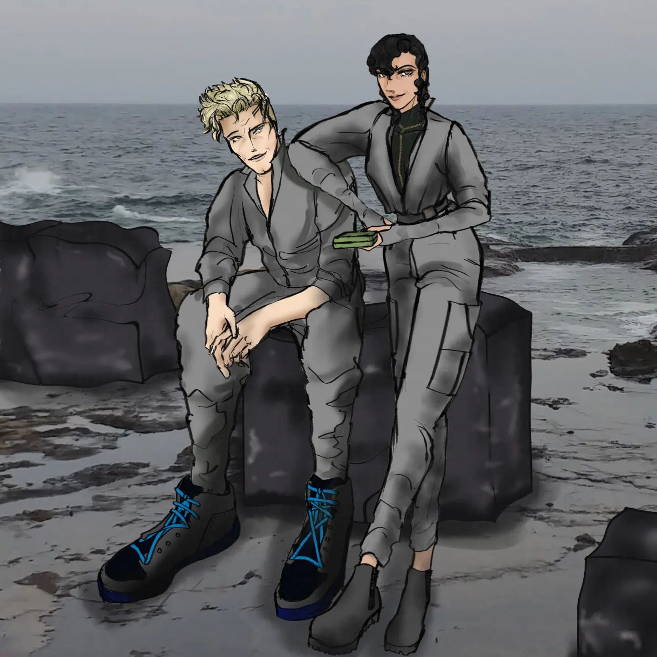 338.20221113：泰市（ラン代筆）の回：七面鳥と魔物街道｜⁡https://note.com/mk0war888/n/n87bced472542
⁡バースセイバー711号室記録帳BBSにて毎晩連載中の #小説 を　#note　マガジン「711号室」にて公開しています。スキ・フォロ・シェアしてくださると、うちのこがランダムでお礼を申しますので是非♡ 
#ごりごりごりっと芯減らし訓練  は、本日11/13お誕生日のしゃう君と15分早く生まれた二卵性双子のお兄ちゃんはい君。背景は手持ち写真＋α。

ちょっと前の高名なアーティストのオブジェもベンチにされてしまう戦時中休息時間。はい君からしゃう君へお誕生日プレゼントの図。
「お前からの誕プレは酒の筈だろ、何だよその薄さ（ﾆﾔﾆﾔ←貰えるだけで嬉しいニヤケ）」
しゃう君はおちびの頃に自分がはい君へ誕プレであげた電パチBOXを忘れており、安易に箱を開けて見事ビリビリに引っかかるのでした。色もそのままなのになー！！ぎゃはははははと、はい君抱腹絶倒。普段は電池を抜いて普通のロックが掛かる便利な宝物入れとして使ってるので「返せよ」。ちゃんと後で恒例の評判の高いお酒をあげましたとさ。ちなみに、しゃう君の靴が異様にデカくて靴紐が最低限しか通していないのは休憩中だからです。環を持つ土塊の星にもくろっくすとかあったらよかったのかもね。
#一次創作  #digitalillustration #originalcharacter　#ARTISUL  #clipstudiopaintpro-1