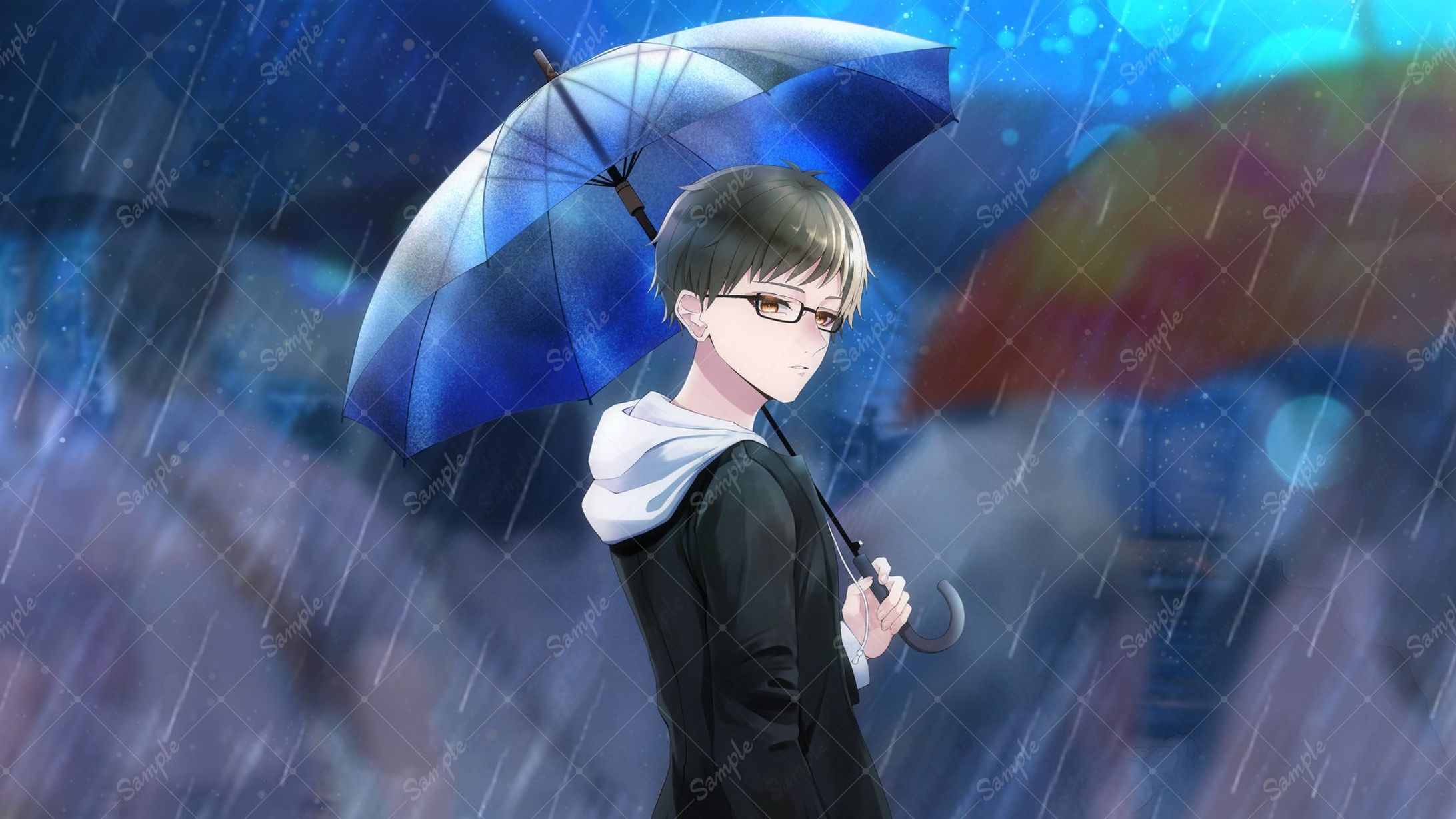 傘を差し振り返る男性の歌ってみたイラスト-1