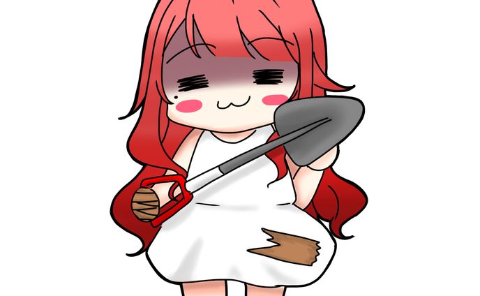 【ミニキャラ】椿べにまる様 ／ スコップをガムテて固定するべにまる