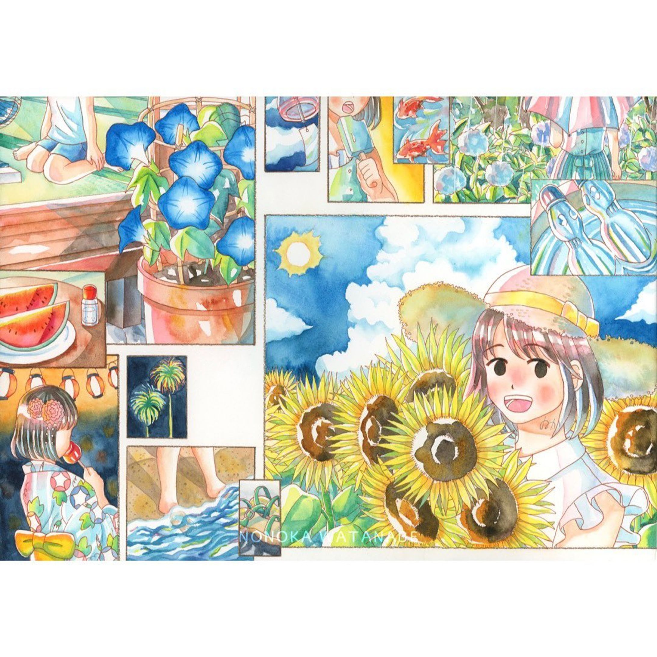燦々Summer!
(さんさんサマー)

2023/5/26 完成
制作期間：23日間
サイズ：A3size(420x297mm)
使用画材：透明水彩、ミリペン、色鉛筆、アクリルガッシュ/ウォーターフォード水彩紙

 #いらすとぐらむ  #イラスト  #イラストグラム  #イラストレーション  #透明水彩  #水彩画  #アナログイラスト  #アナログ絵  #夏  #女の子イラスト  #一次創作  #オリジナルイラスト  #🌻 #illustration  #originalillustration  #illustgram  #analogillustration  #watercolor  #watercolorpainting  #transparentwatercolors  #summer  #girlsillustration  #watercolorillustration  #カラフル  #colorful  #sunflower  #絵  #ひまわり  #kawaii  #kawaiigirl-1