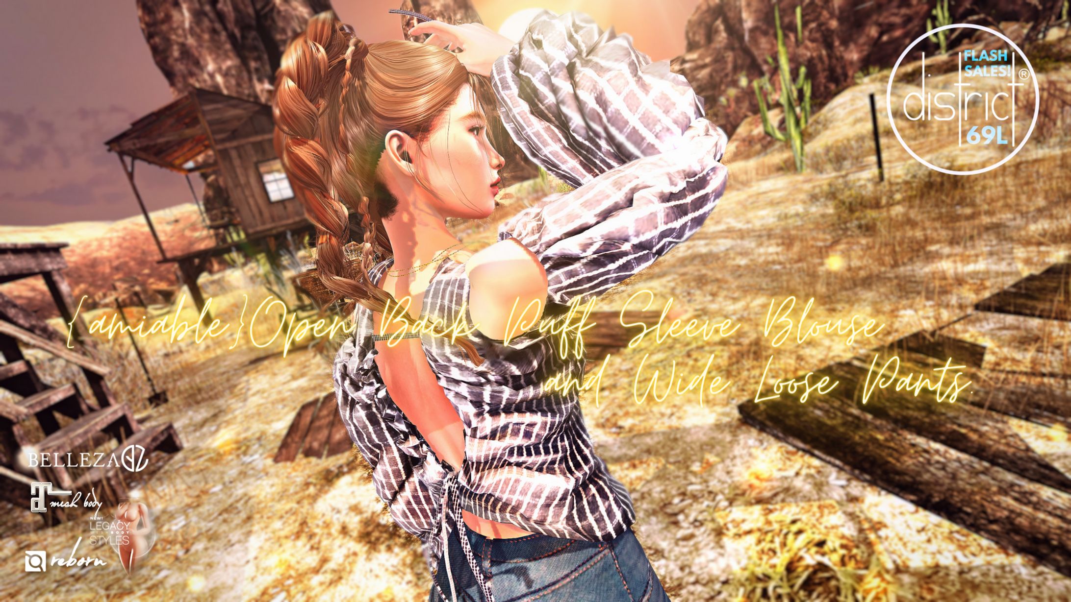 {amiable}Open Back Puff Sleeve Blouse & Loose Pants@DISTRICT69.-1