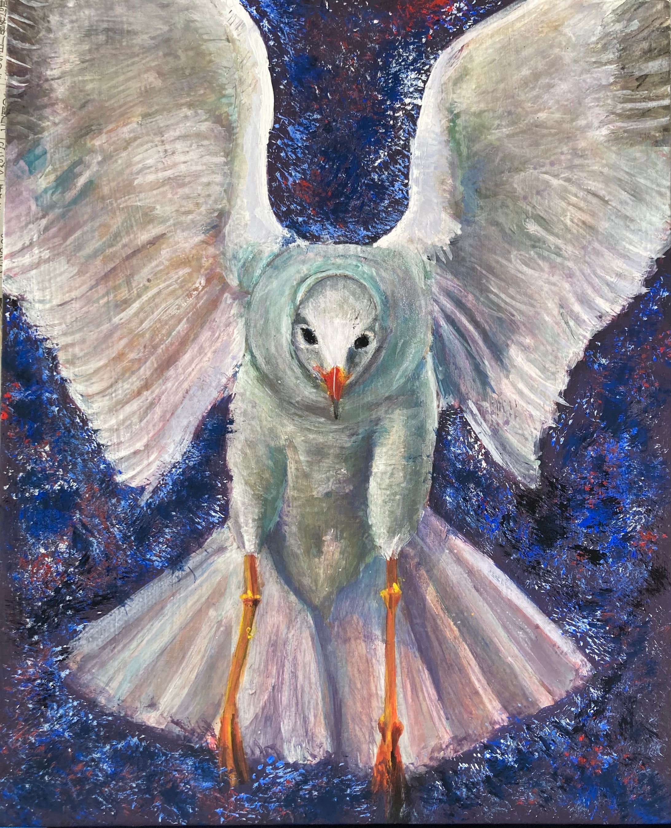 油彩画 F6号 「舞い降りる鳥」-1