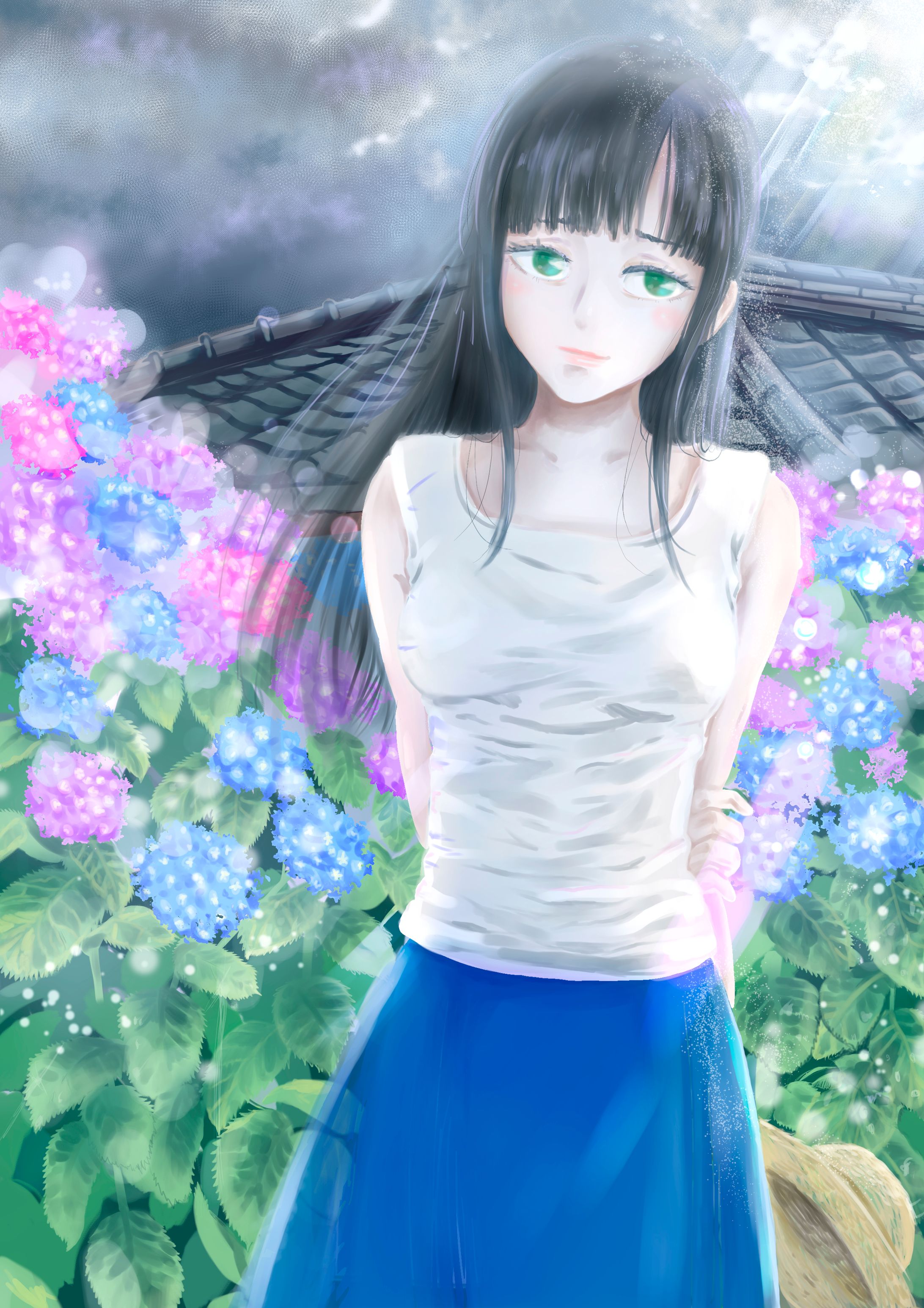 紫陽花の中、たたずむ少女-1