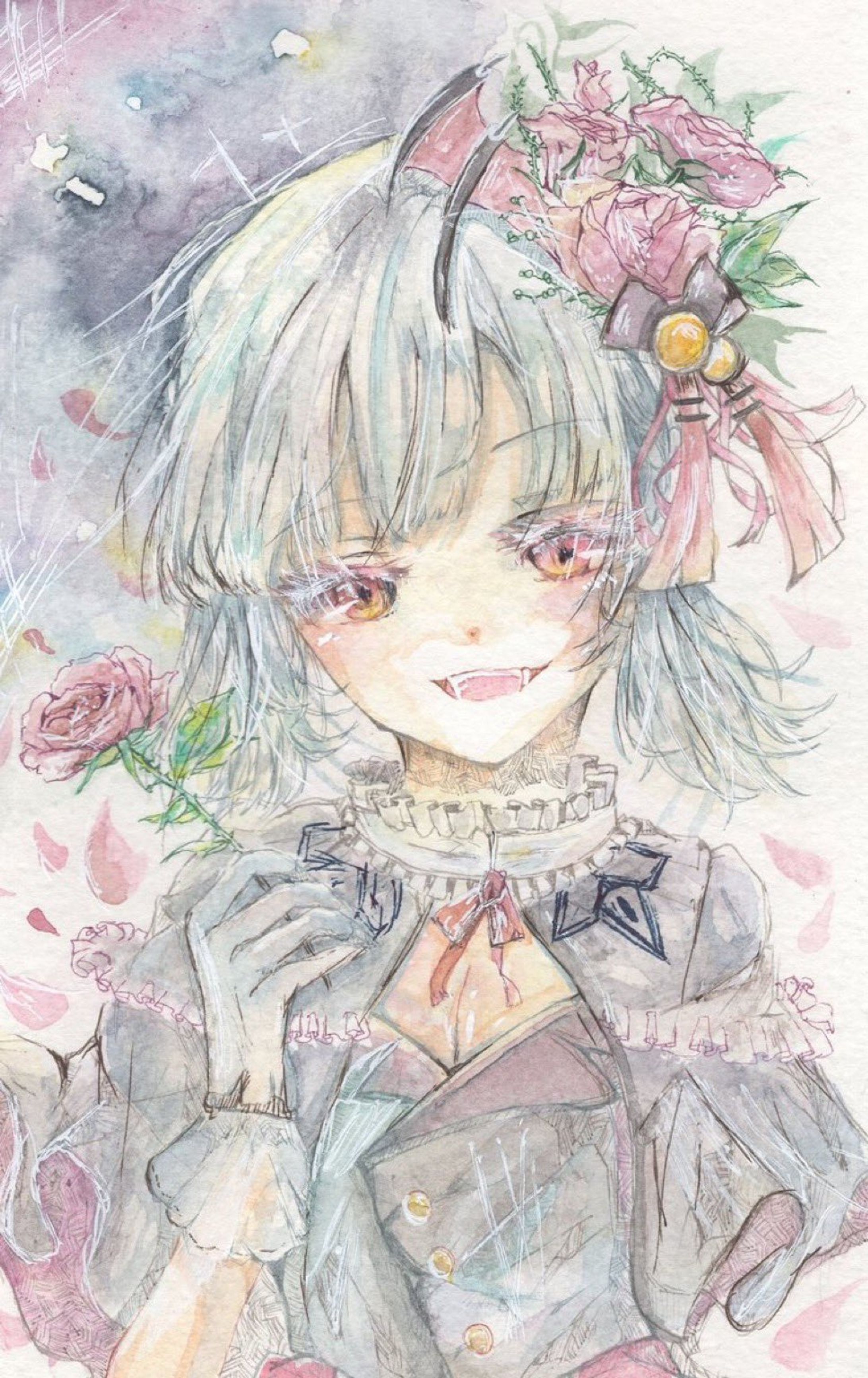 【水彩イラスト】赤目の薔薇-1