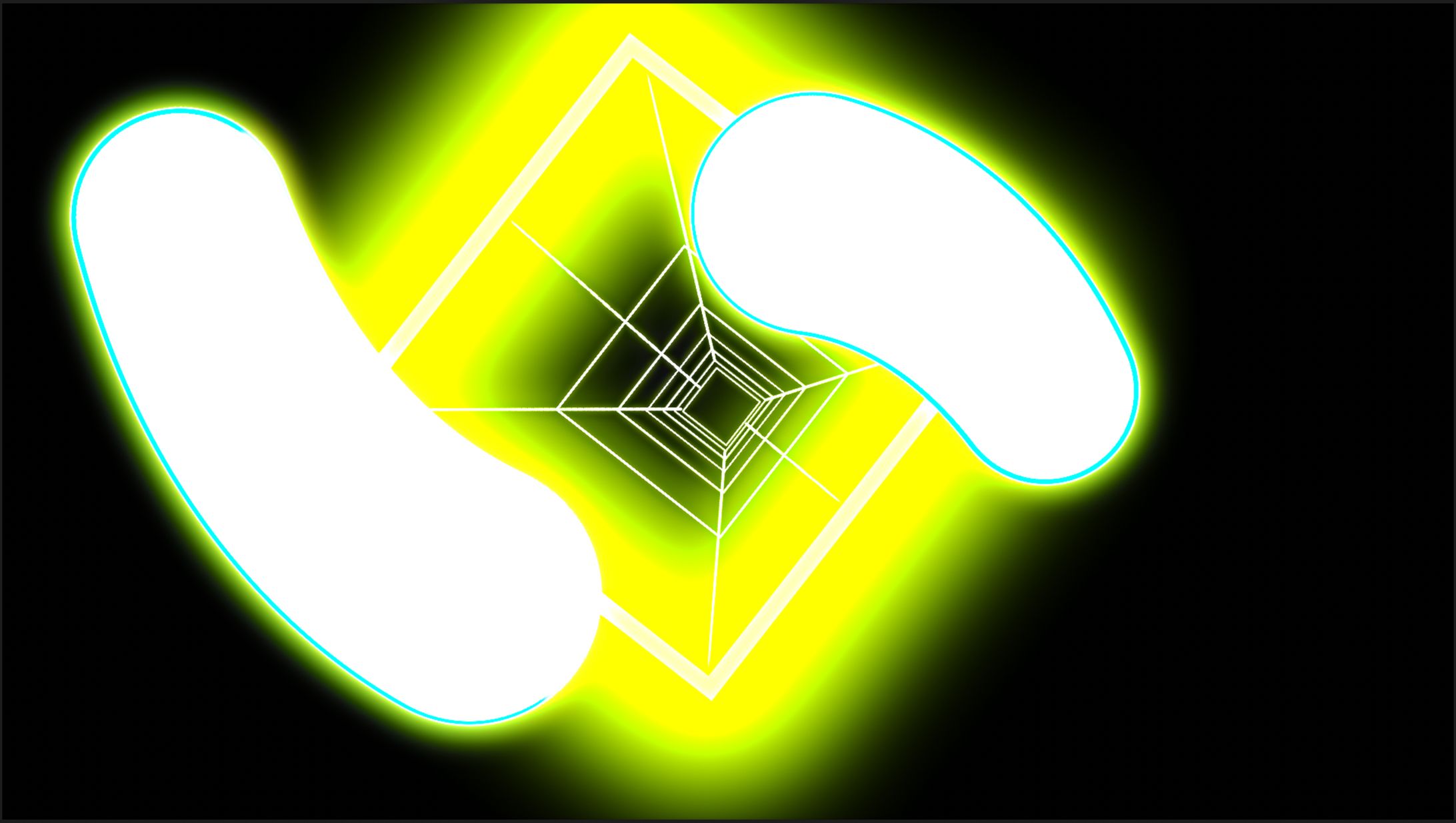 一つのシェイプがぶつかり、小さな円になり、それがさらにぶつかり大きな2つの円になる。それぞれのシェイプがバウンスにより、新たな道を切り拓く表現。トンネルアニメーションへと繋がる。