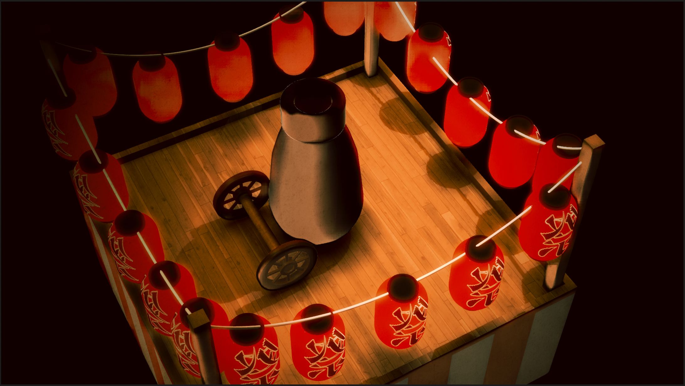 大砲、祭りヤグラ、提灯等をCINEMA4Dでモデリング、Element3Dにて読み込ませAe内でカメラワーク、祭りの始まりとして表現。