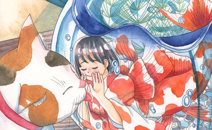 🐱ちぐはぐなラブソング🐟

完成日：2023/7/3完成
制作期間：3日ほど
使用画材：透明水彩、インクジェットプリント、CLIP STUDIO PAINT/ウォーターフォード水彩紙
サイズ：200×200mm

 #金魚  #擬人化  #猫  #イラスト  #イラストレーション  #イラストグラム  #いらすとぐらむ  #透明水彩  #水彩画  #アナログイラスト  #アナログ絵  #人魚  #金魚鉢  #illustration  #illustgram  #cat  #catillustration  #猫イラスト  #watercolors  #transparentwatercolors  #watercolorillustration  #analogillustration  #mermaid  #goldfish  #summer  #夏  #kingyo  #japan