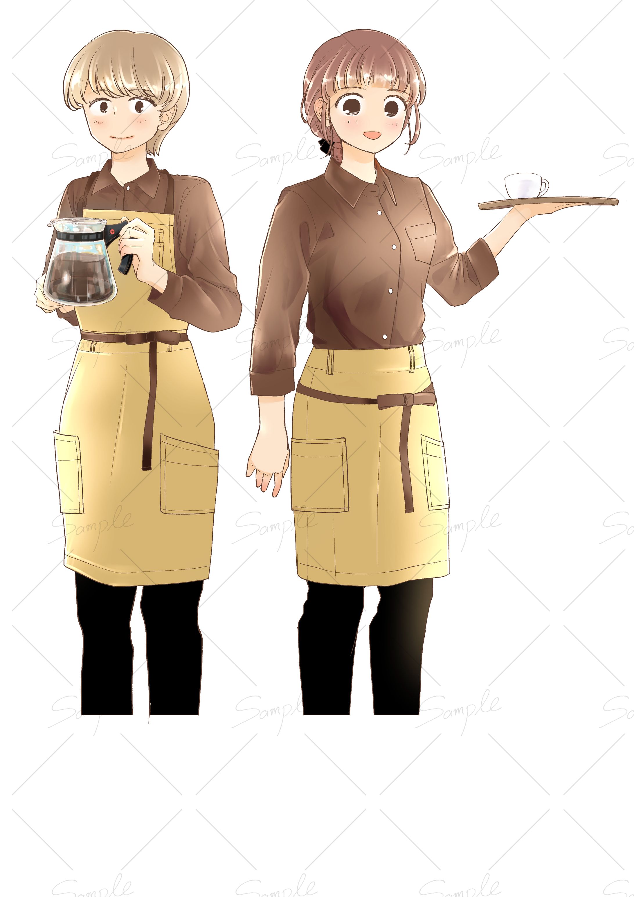 カフェスタッフの制服着こなしイラスト-1