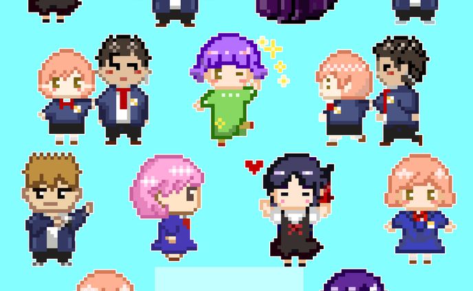 お団子頭女の子と黒猫　ドット絵