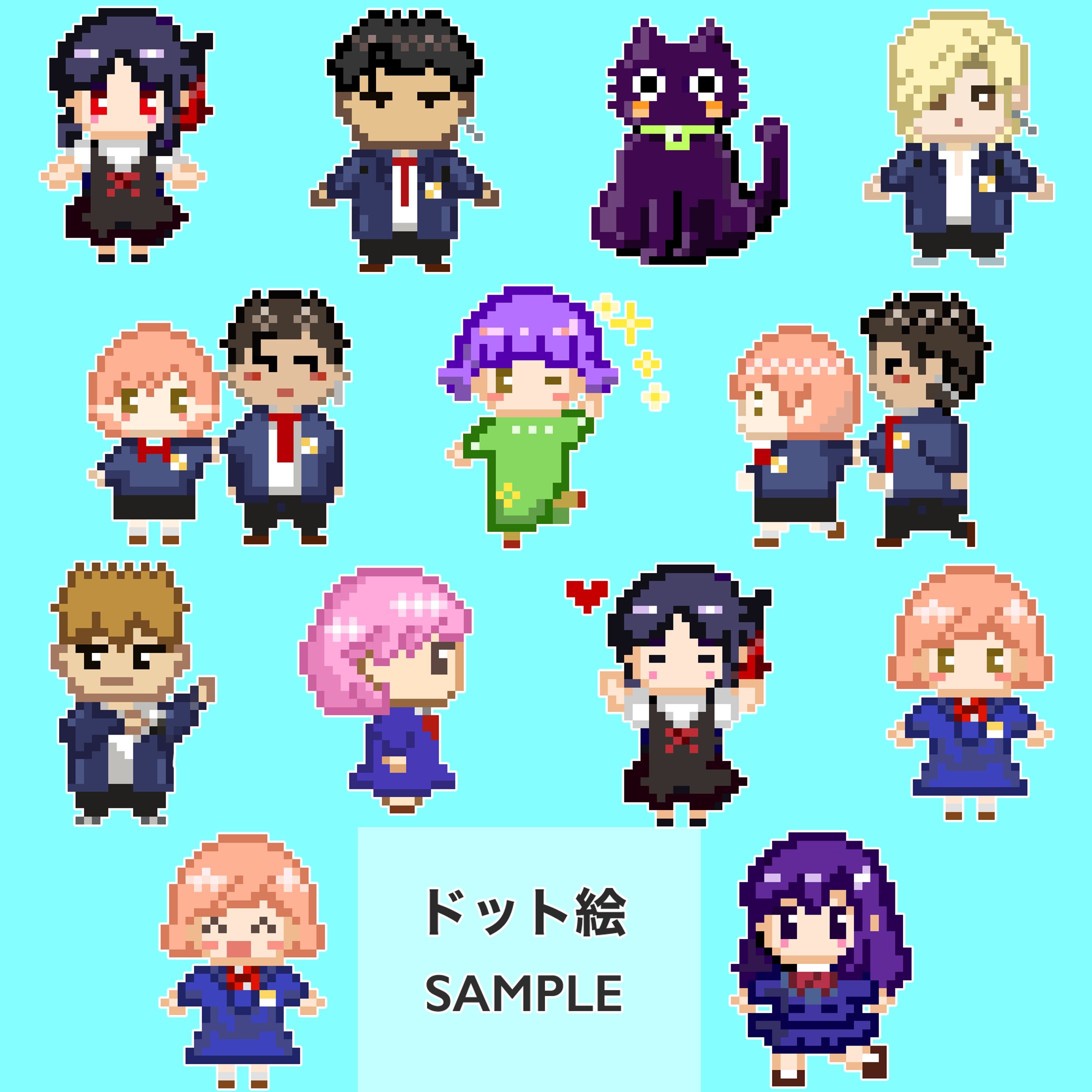 お団子頭女の子と黒猫　ドット絵-1