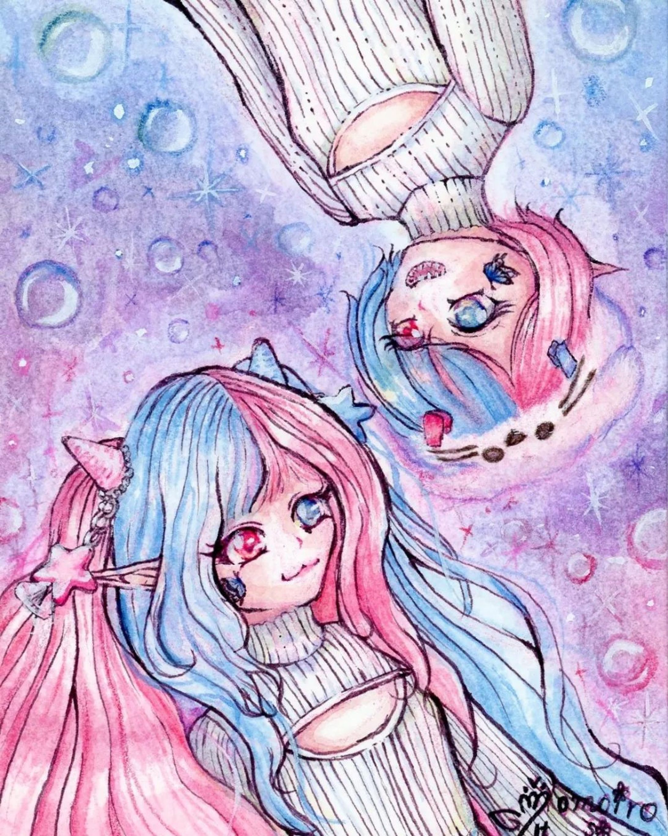 【Commission】
ドールオーナー
折流紙吽さんの
名刺用イラストを制作させていただきました!

シュガーチェリーちゃんと
チェリーシュガーちゃんという
淡いツートーンカラーカラーの
髪色が素敵なドールちゃんです!🩵🩷

ご依頼、ありがとうございました!

#illustration #drawing #art #watercolor #paints #pink #blue #doll #イラスト #ドール #ピンク #ブルー #水彩画アート #ご依頼-1