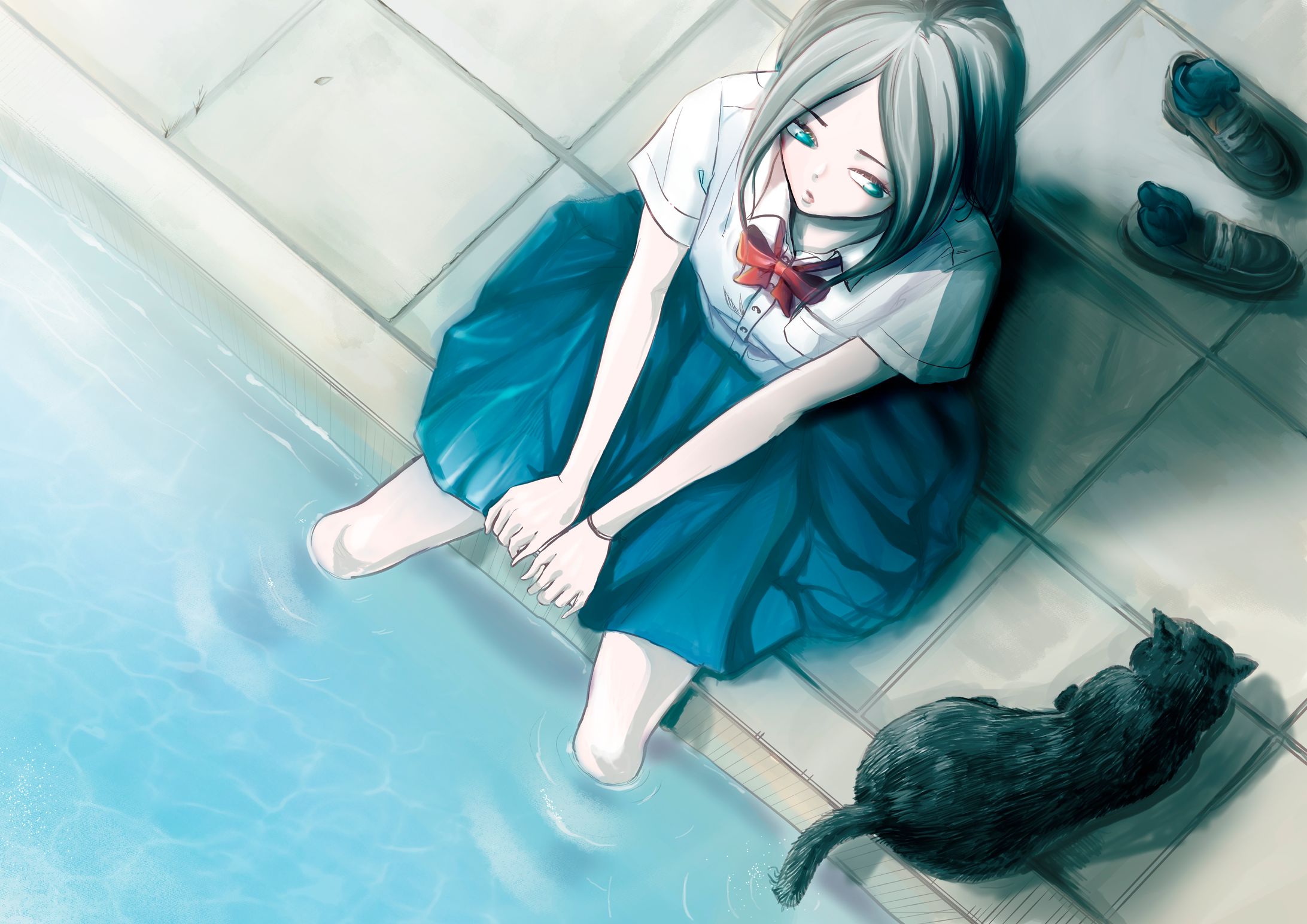 プールサイドの学生と黒ネコ-1