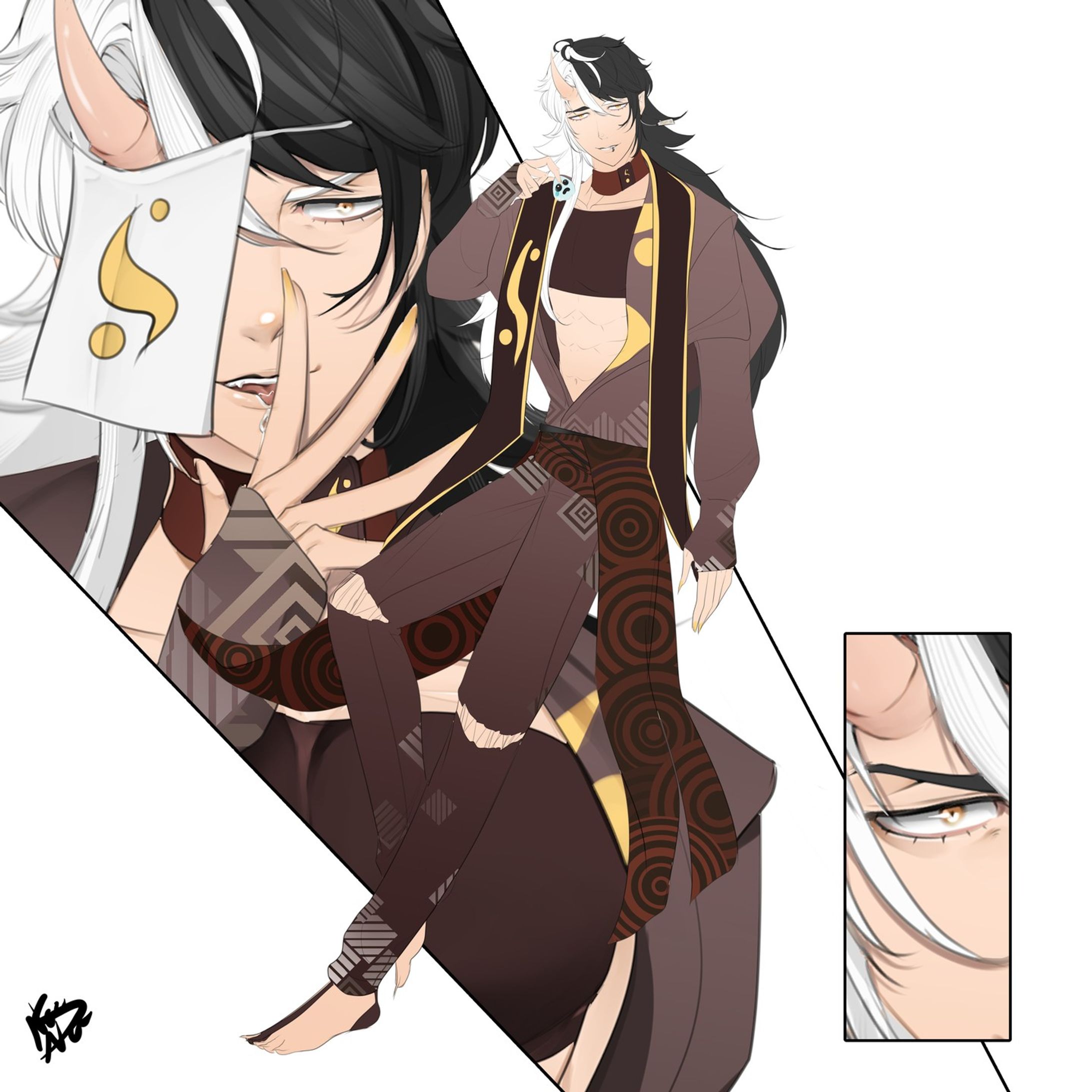 Latest #commission finished~

#custom #character 

Client only wanted a character with half of hair white/black, rest was up to me xD so i made a Yokai and he love it

Fullbody is flat coloured and a bust-up rendered

#anime #manga #ikemen #otome #visualnovel #oc #yokai #artwork-1