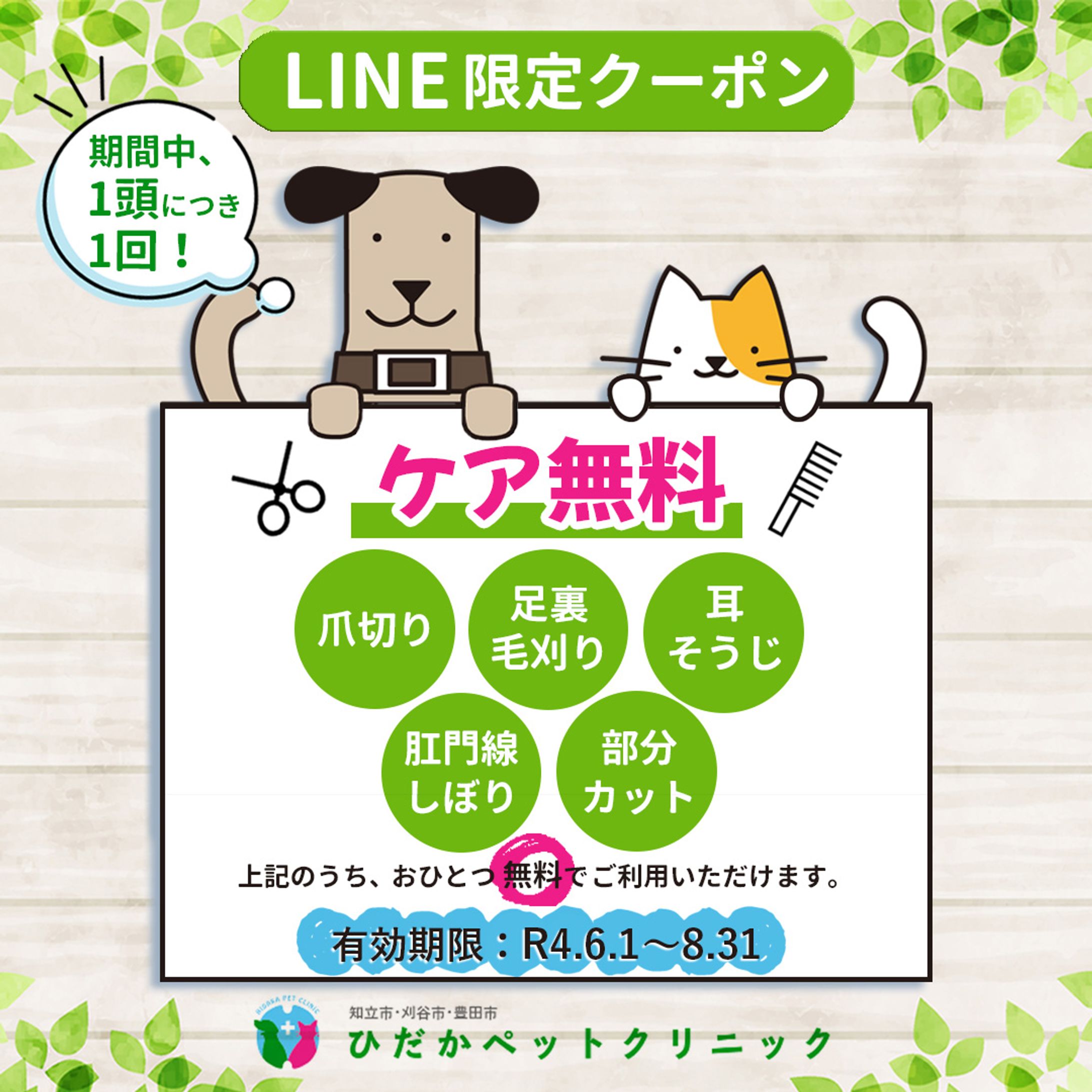 LINEクーポン春夏秋冬別ペットクリニック（ケア無料）-1
