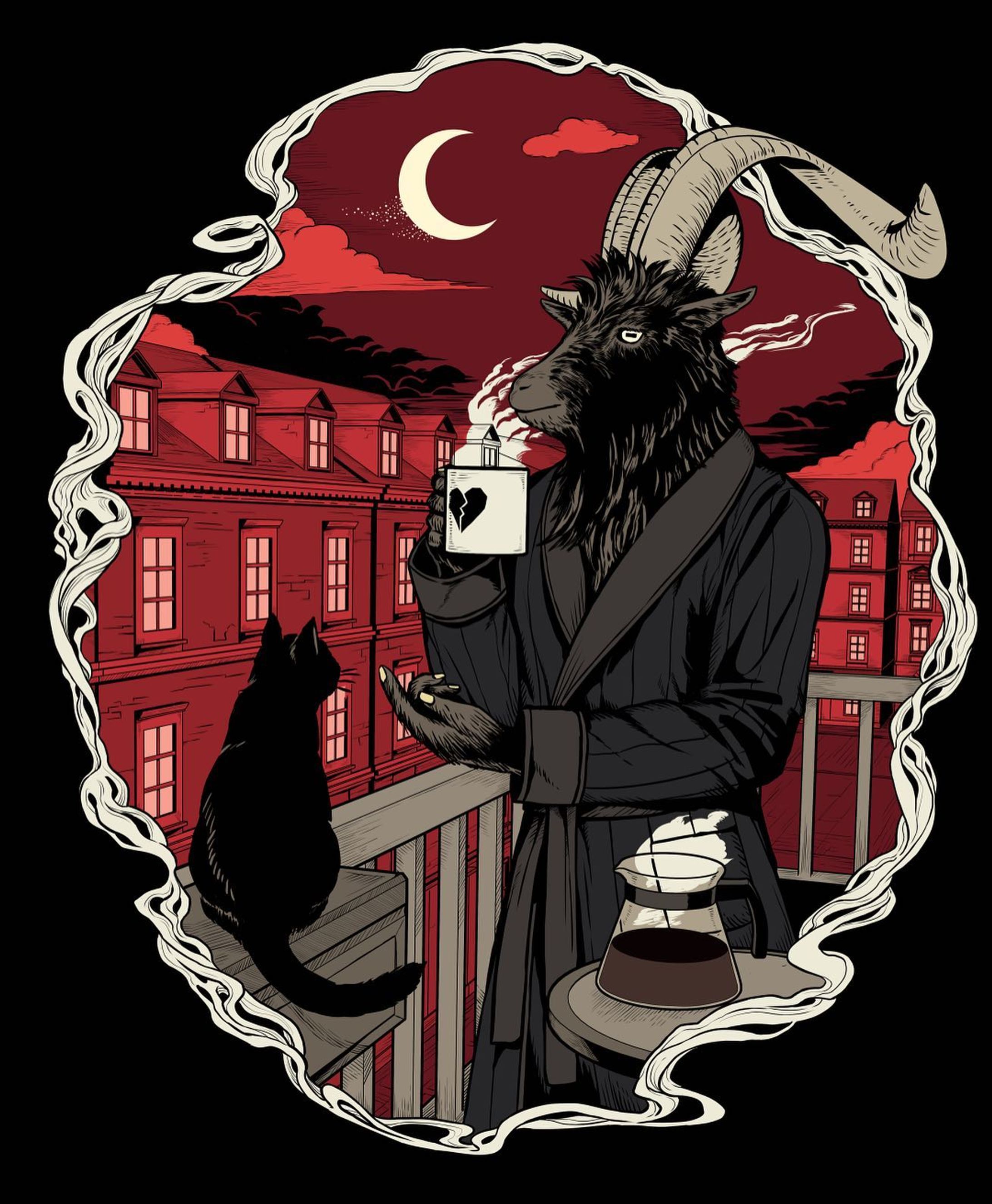 ”Nocturnals“　🌜☕️🐐🐈‍⬛
.
...But They can also live with sunshine maybe...
.
I thought coffee is suited to him more than black tea. I'm a tea person though.
.
Btw sometime I got some questions about commissions or permission to use my art for tattoos. If you wanna use my Ghost art as a tattoo, you can use them! (Of course I don’t permit to make any bootlegs though.) And about commissions, it’s depending on the details on your offers. Most of the cases, the price I present is expensive than people thought. But I might be able to adjust and arrange the price depends on the amount of work. So please tell me the details if you are interested in commissioning to me! Thank you for your support as always!

#illustration #originalcharater-1