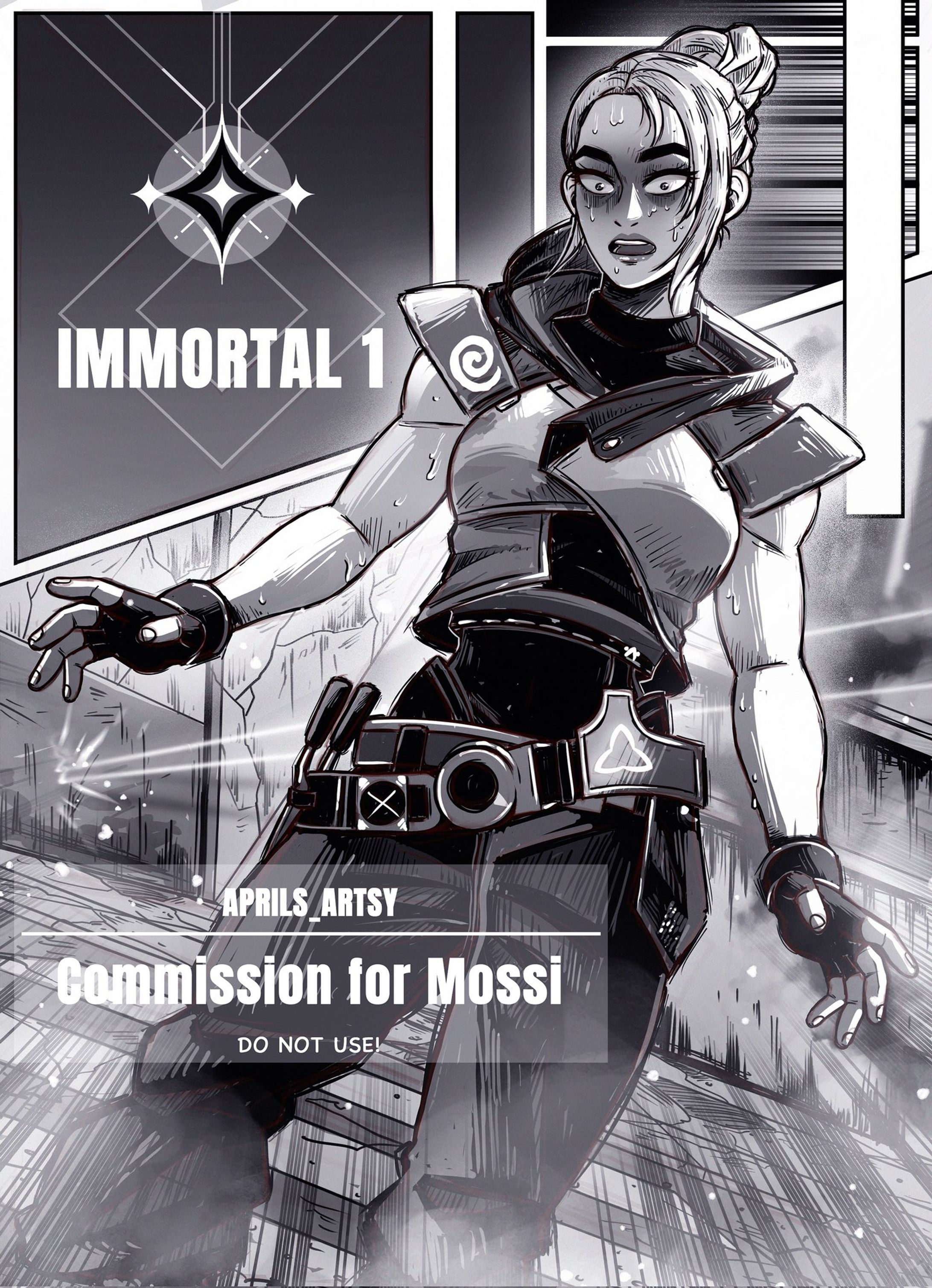Commission for Mossi Valorant on X in B/W comic style-1