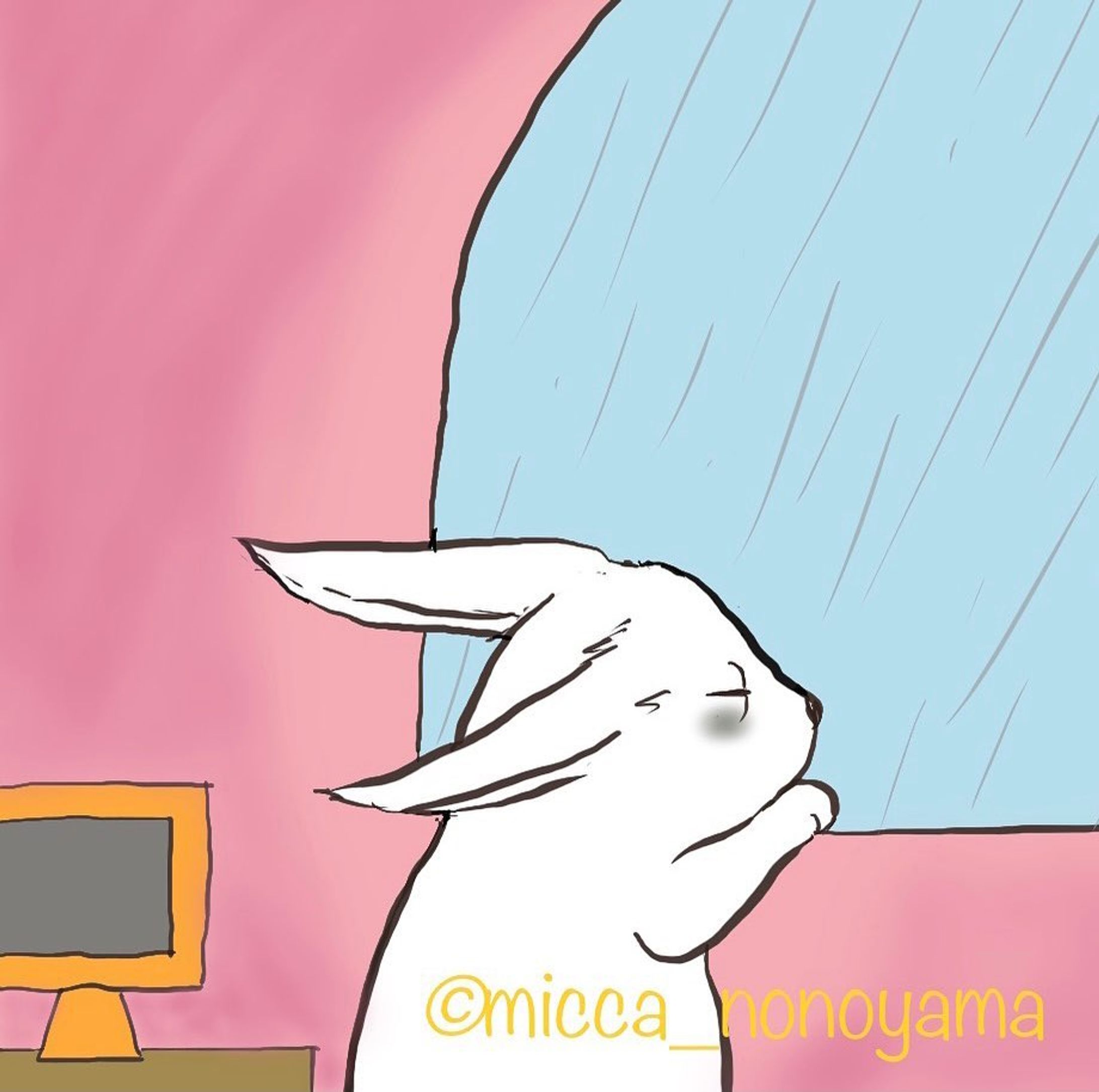 YouTube見すぎて目がショボ目👀外の景色を見ようとしても雨で白い世界☔️
#illustration #rabbit #blearyeyed #rain #sunday #athome #tired #art #comics #childrensbooks #animals #うさぎ #疲れ目 #イラスト #drawing #絵本-1