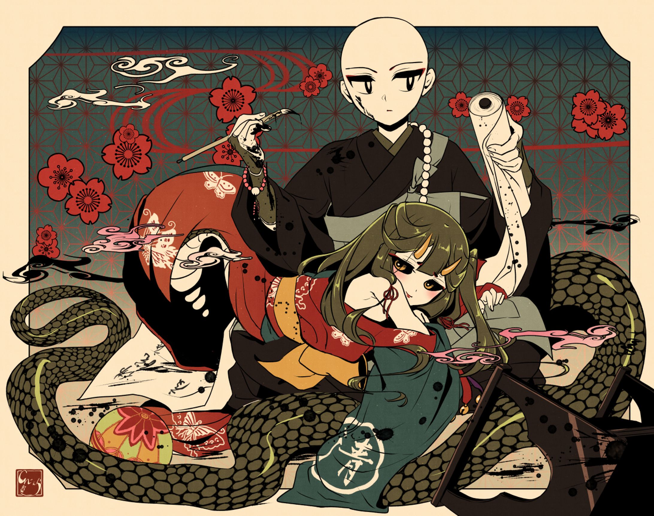 【浮世絵風絵柄】小僧あんちんと蛇の娘-1