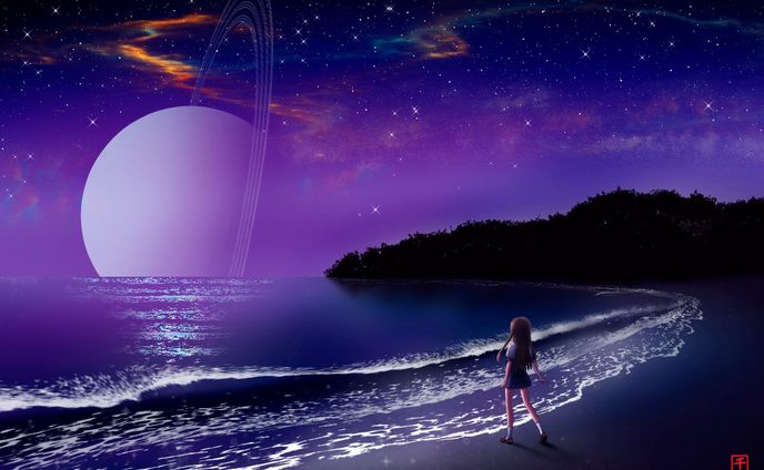 夜の浜辺の少女