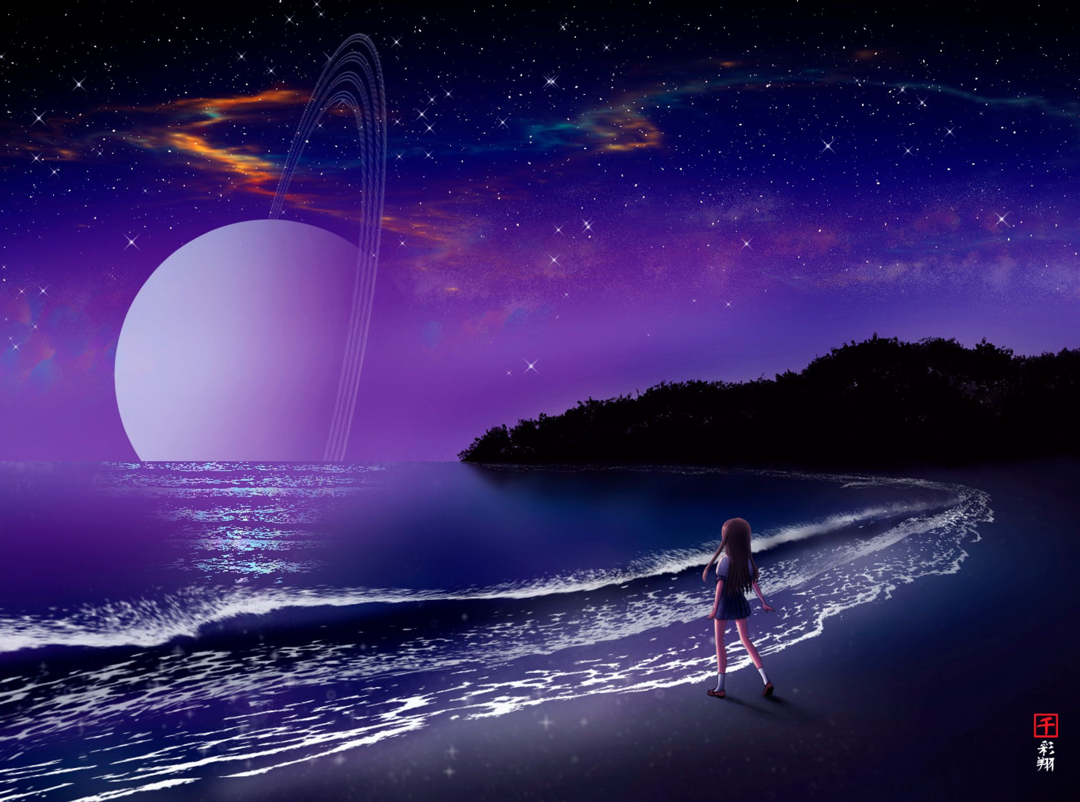 夜の浜辺の少女-1