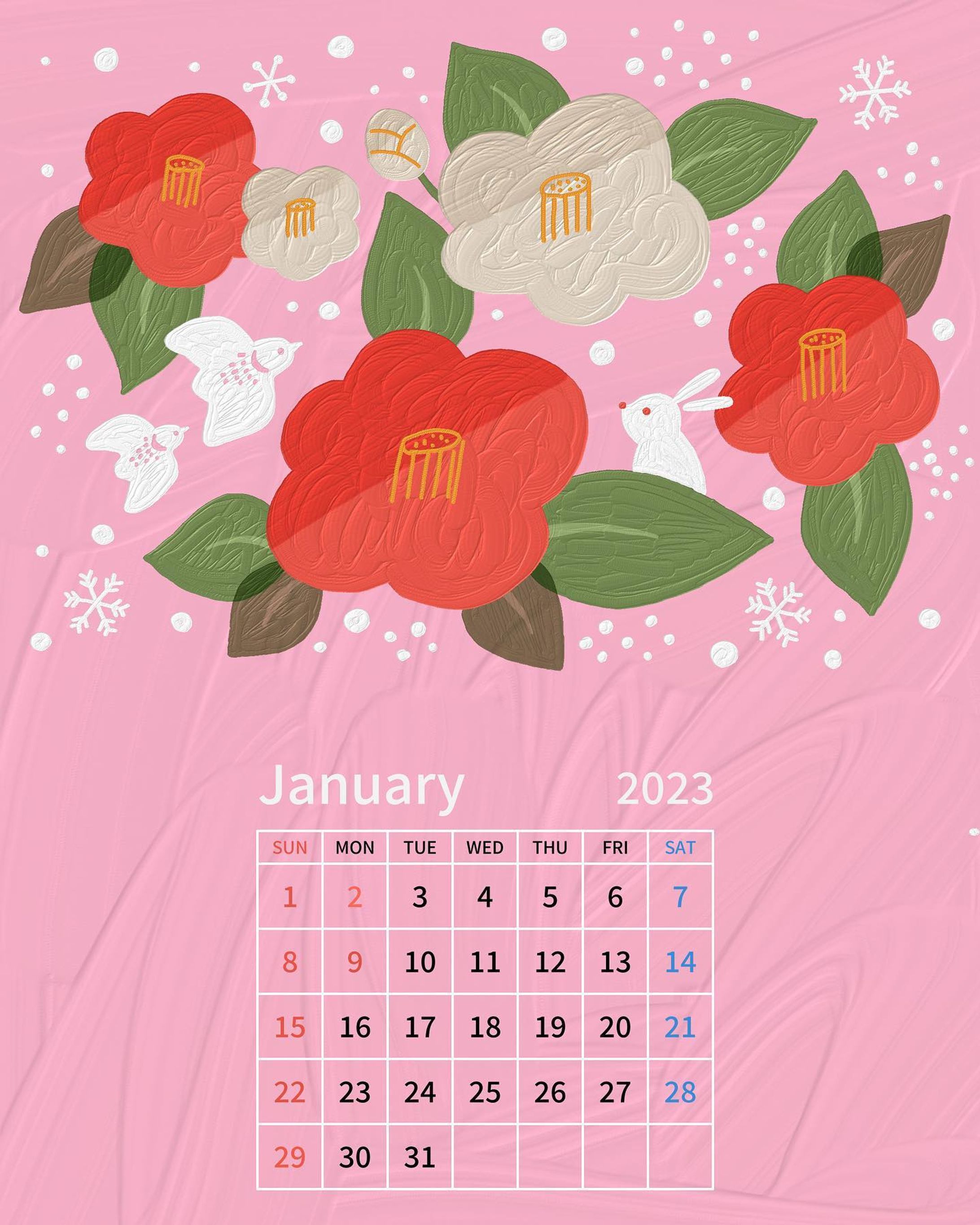 2023年1月のイラストカレンダー

来年の干支のウサギ、
椿のイラストです。
個人使用の範囲内でご使用ください。

今年ご観覧頂いたり反応下さった方ありがとうございます。
よいお年をお迎えください。

#calendar #2023 #adobefresco 
#illustration #artwork 
#artofinstagram #illustrationartists 
#イラストレーター #高井じゅり 
#いらすとぐらむ #イラスト 
#椿 #ウサギ #camelia-1