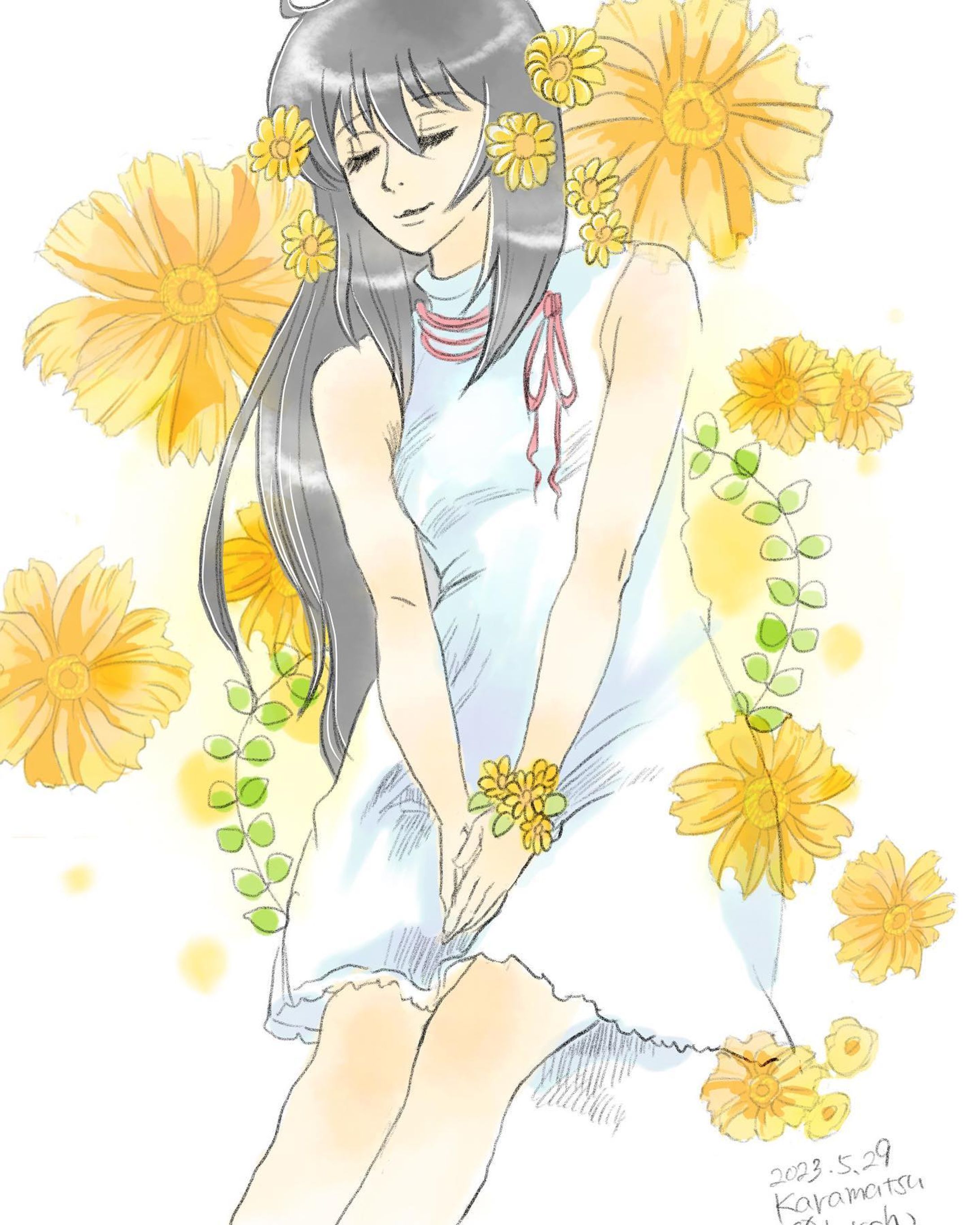 眠れないから絵描いた。
#一次創作 
#イラスト
#少女
#花-1