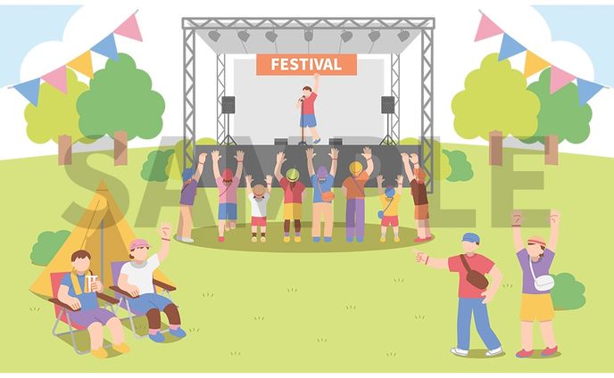 夏フェスを楽しむ人達の風景イラスト