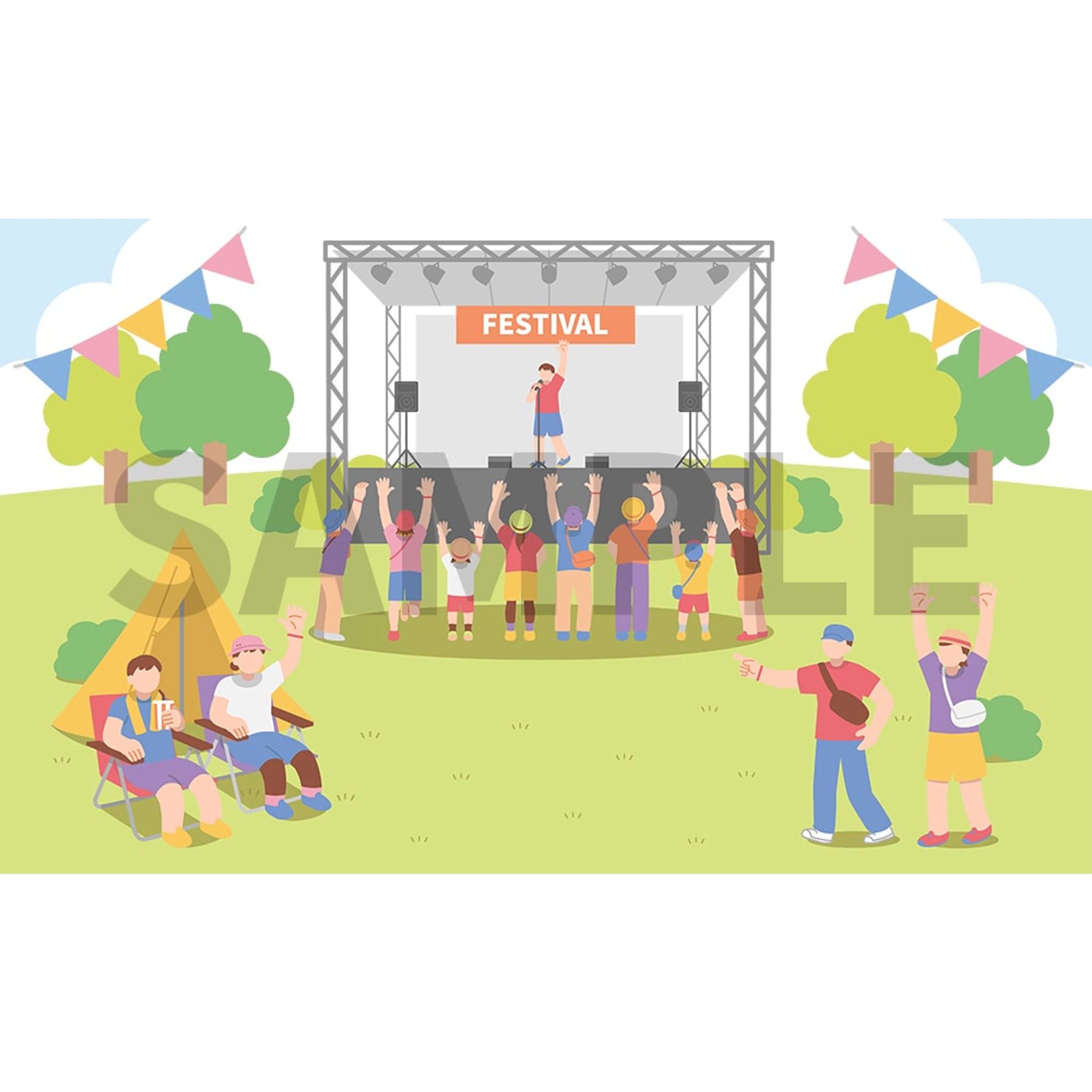 夏フェスを楽しむ人達の風景イラスト-1