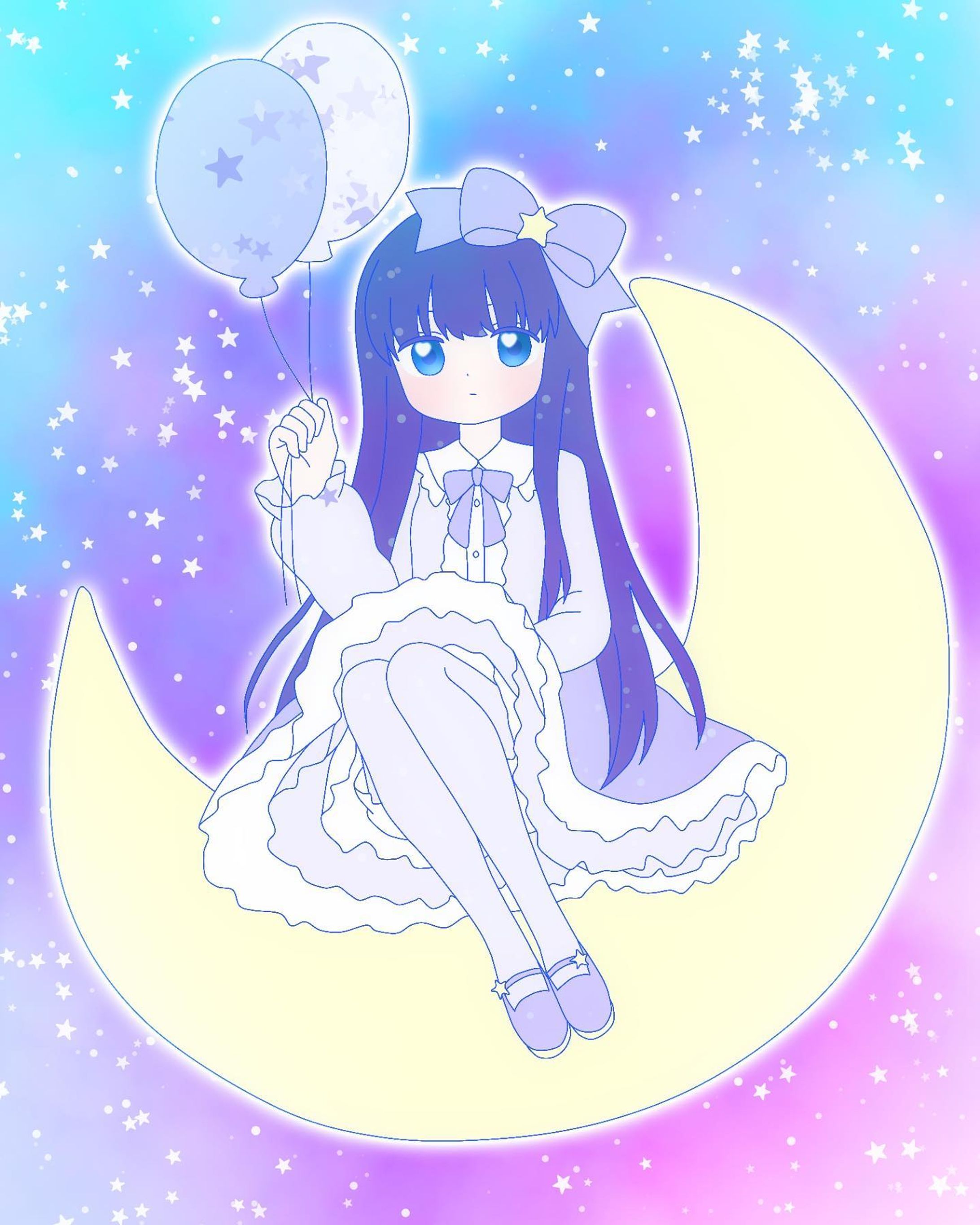 月に乗った女の子🌙
#イラスト　#お絵描き　#illust #illustration #女の子　#女の子イラスト　#ゆめかわいい　#ゆめかわ　#月　#夜空　#星空　#風船　#ロリィタ　#ロリータ　#デジタルイラスト　#フリル-1