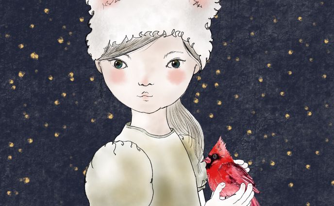 white cat and red bird