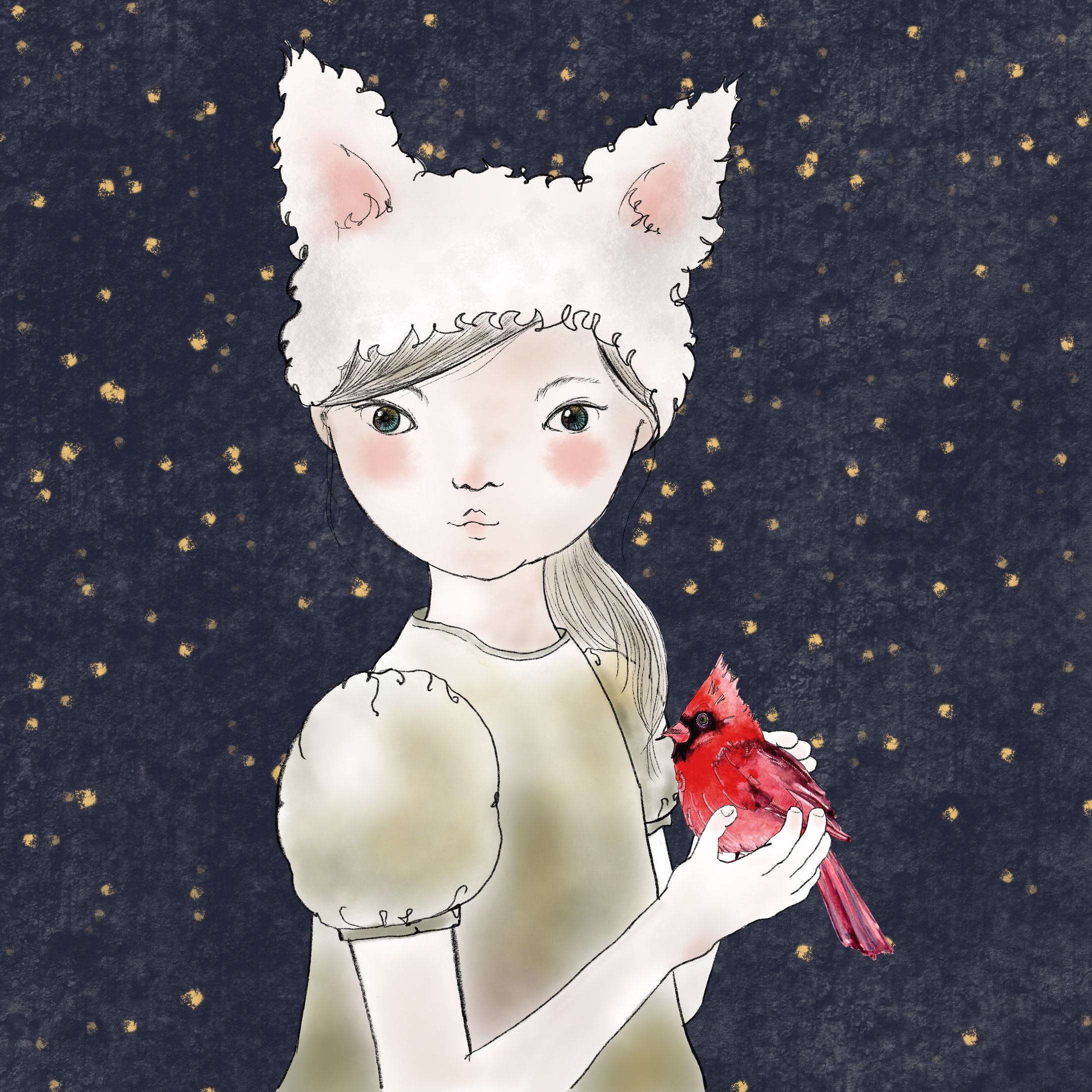 white cat and red bird-1