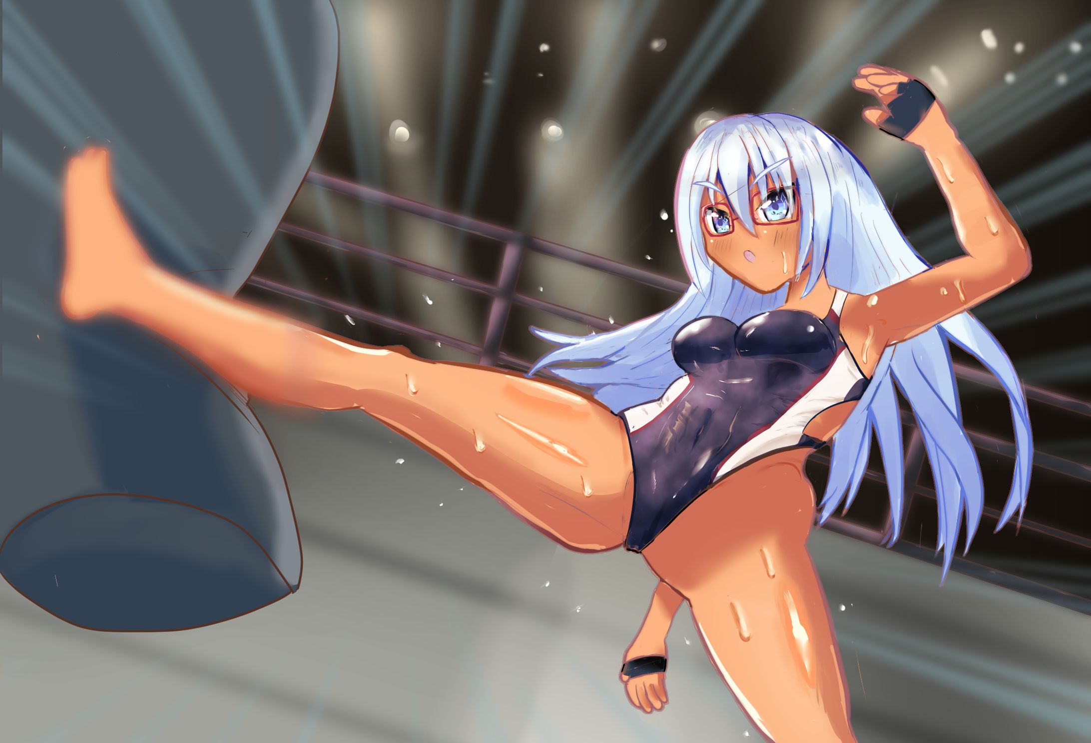 Skeb依頼絵 褐色競泳水着ハイキック-1