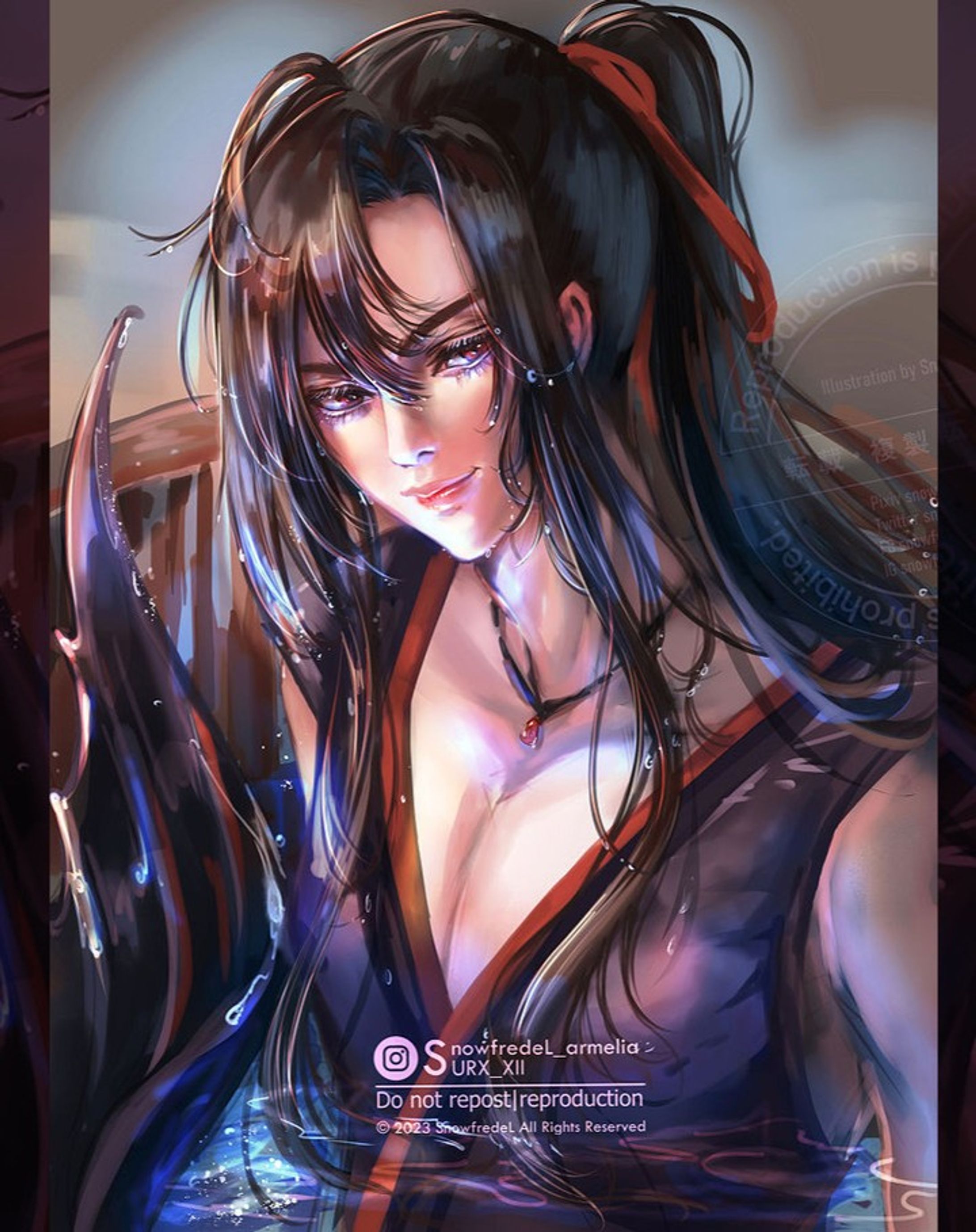 💦" Come play in the water with me, Lan Zhan ❤️"

🏵️A QUEST: 
POV when you(Lan Zhan) found out in the bath time that your lover is a mermaid (merman.)

You will...

A. "That's so temping you must be so delicious, then put out the salt from your pocket 😂🖤
B. "Wei Ying, you should take off the clothes before entering the bathtub"
C. Can we keep a pet in here Gusu Lan Clan.? 
D. none of the above (NPC: please specific the right answer)

.
.
.

🌸Hi! 

I'm back with the new MXTX Fanart, 
it's my mini-rough painting of the Wei wuxian mermaid version! 

🌸Tool: Ipad> Procreate, tuned up in CSP

Brushes: 5% Jingsketch (for quick sketching), 90% my Custom brushes (coloring), 5% procreate Airbrush

In fact, I want to draw other characters as mermaid as well! but starting with him is good,

if you are on my journey for long enough you may find that I've done the redraw scene in the bathtub before, 
please feel free to visit the older pose for more info, maybe I'll find the time to do the compare post later.

🌸The full picture in high res ( both clothes and without), Process logs, including speedpainting in apps will be available in my Ko-fi soon. ( will update later).

💮Btw, Are you a fan of Chinese novels as well?

You can help me raise my little child's IG algorithm (😭) by....
❤️Save, share, or any support will make my IG happy 😇

For those who's been waiting for girl character, she's waiting in the queue! 

See you on the next post

---
Tags

digital art, character art, semirealism, semirealistic, illustration, illustrator, procreate art, arts, artist, character, mermaid , sketch, rough paint, handsome, snowfredel, surx_XII, 

#illustrator #팬아트 #아이패드드로잉 #낙서 #mermaid #mermay #mdzs #modaozushi #weiwuxian #mdzsfanart #animefanart #digitalart  #mxtx #mxtxfanart #danmei #일러스타그램 #그림  #digitaldrawing 
#魔道祖師 #魏無羨  #moxiangtongxiu #イラスト-1