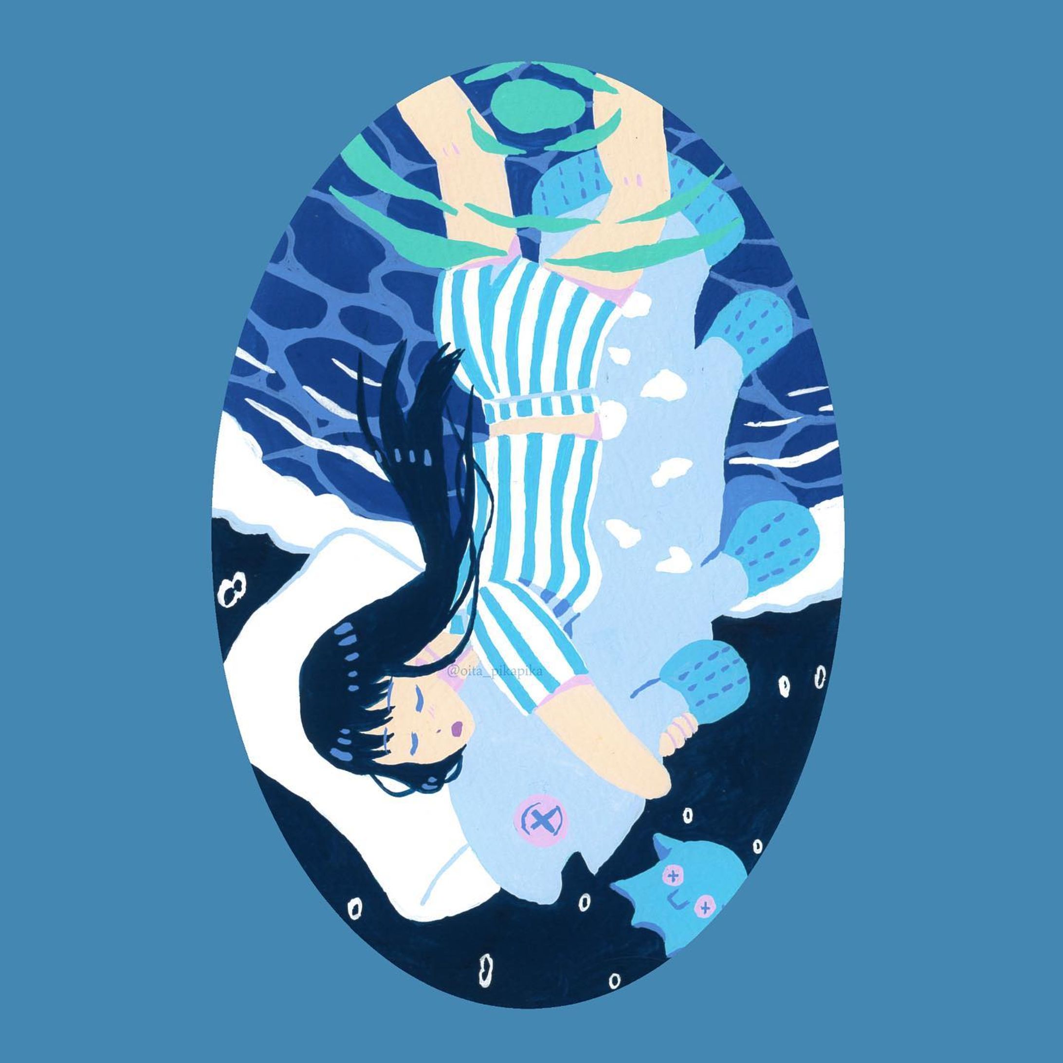 【deep deep sleep】
深い深い眠りへ
潜るように 落ちて 落ちて
…おやすみ

2022年7月3日完成
サイズ：100×150mm
使用画材：アクリルガッシュ/画用紙

【Deep deep sleep】
To a deep deep sleep
Like diving, falling, falling.
...Good night

Completed on July 3, 2022
Size: 100 x 150mm
Material used: Acrylic gouache/drawing paper

 #analogillustration #おいたのアトリエ #Illustration #イラスト #アナログイラスト　#illustgram #original #sea #deepsea #sleep #acrylgouache #acrylicgouache #originalillustration #coelacanth #latimeria #イラストグラム #いらすとぐらむ #アクリルガッシュ #ターナー色彩 #オリジナルイラスト #創作イラスト #アナログ絵 #シーラカンス #深海 #海 #blue #青 #眠り #女の子イラスト #girlsillustration-1