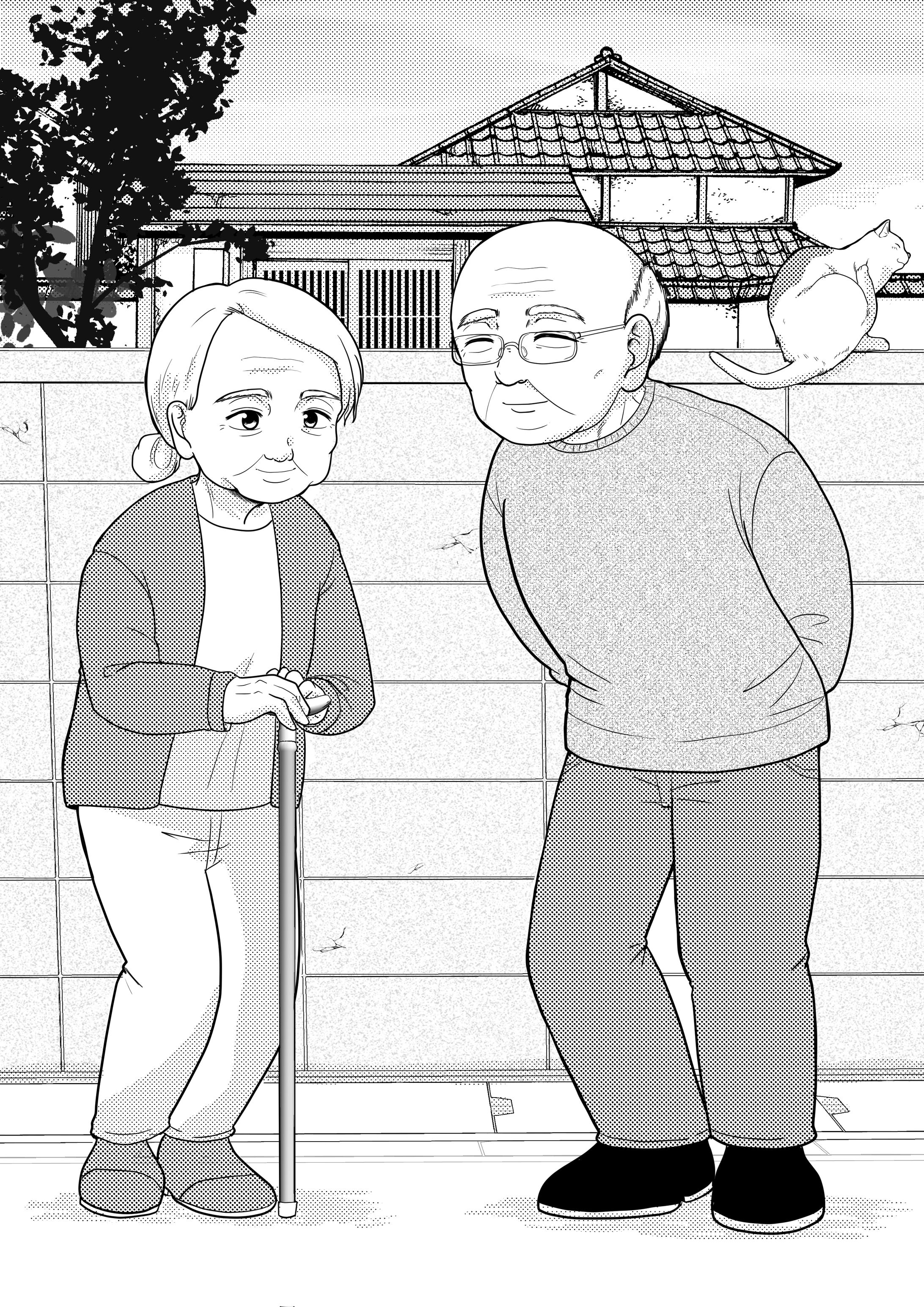 【サンプル】老夫婦＋ねこ　モノクロ-1