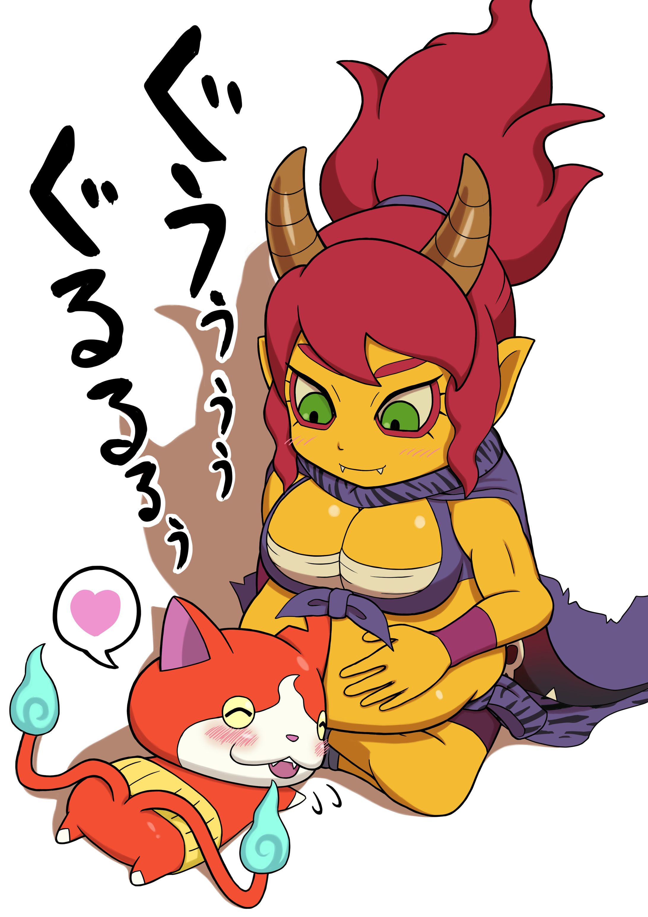 リクエストイラスト（山吹鬼姫のお腹の音を聞くジバニャン）-1