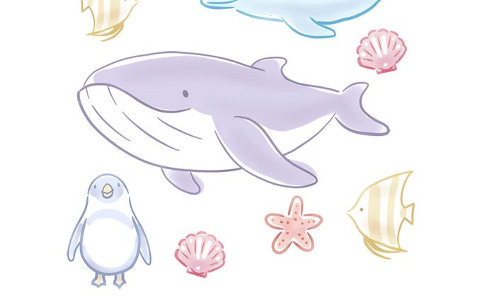 海の生き物、ペン画
