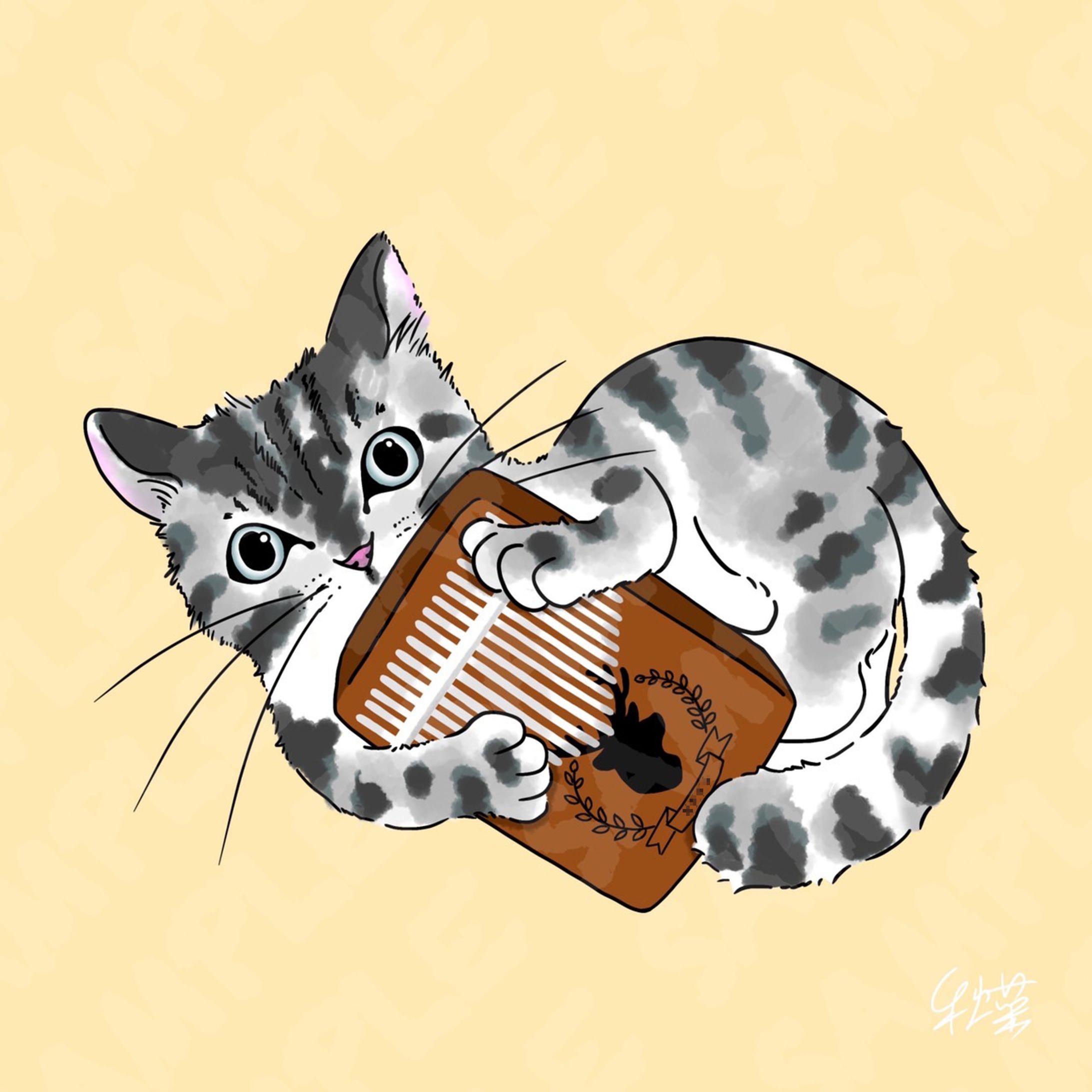 ご依頼絵：飼い猫とカリンバ-1