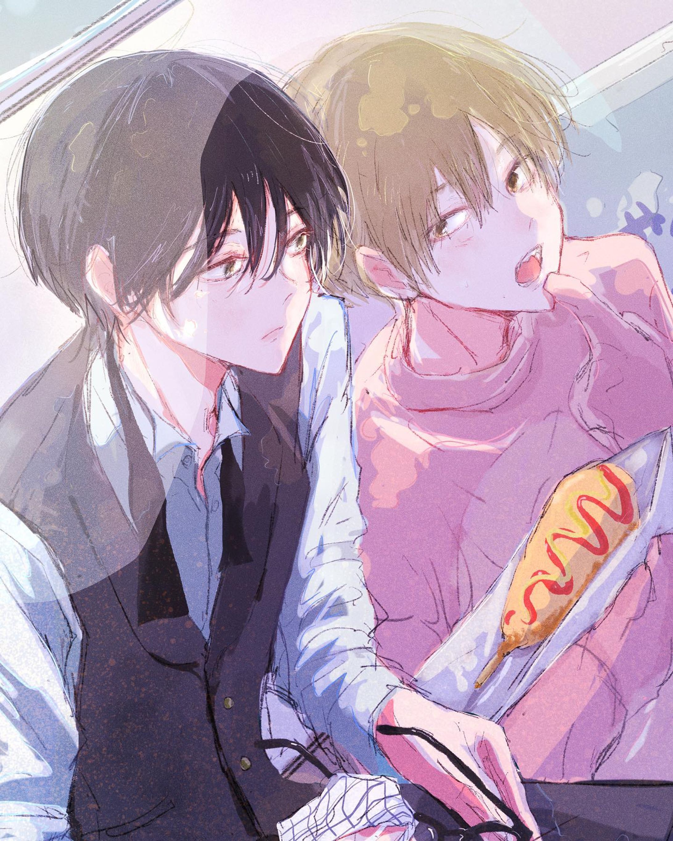 文化祭サボり組🐇🐇

.
今日はレンズ付きの伊達メガネ装着してます👓
この子は、色々見えすぎちゃうと疲れるので、伊達眼鏡があると少し周りが見えにくくなる気がして、伊達眼鏡をよくしています（この子が誕生してから描いてたら妄想で決まった）

.

アンケートご協力ありがとうございました！
この構図できた後に、服装悩み始めて皆様に助けを乞いました🙇🏻‍♀️✨
ちゃんと衣装見えてる絵も描きたい✨

.

.

🕊ひとりごと🕊
ラフを丁寧に描いたりしてるうちに完成まで20時間近くかかってました。（結構時間かかった、、と思ったけど、全身立ち絵をきちんと描くと塗りによっては1人10時間かかる気がするし、遅い、、くはない、、分からない）
物の配置をどうしたら良いのかなとか色々練っているうちに時間が経ってしまいました。
でも、もっと早く描こうと思えばできたし、もっと時間かけようと思えばラフの段階を増やしたり線画もっと整えられたかなと思います。人のラフの工程が少なかったので最後納得いかなくて時間かかってしまったたので、最初から色と面のラフに時間をかければ逆に早く終わったかもです。絵って楽しいけど難しいーーっ！！！！

.

#イラスト#いらすとぐらむ 
#男の子イラスト
#創作男子
#可愛いイラスト 
#黒髪男子
#金髪男子
#高校生イラスト
#文化祭
#青春フォトグラフ 
#青春イラスト 
#アオハル
#illust#illustration 
#painting
#artworks #有償イラスト
#プロクリエイト
#procreate

#插图 #插图画家 #藝術 
 #드로잉 #일러스트 #그림스타그램 
#drawing
#drawingart #illustrator
#絵が好きな人と繋がりたい-1