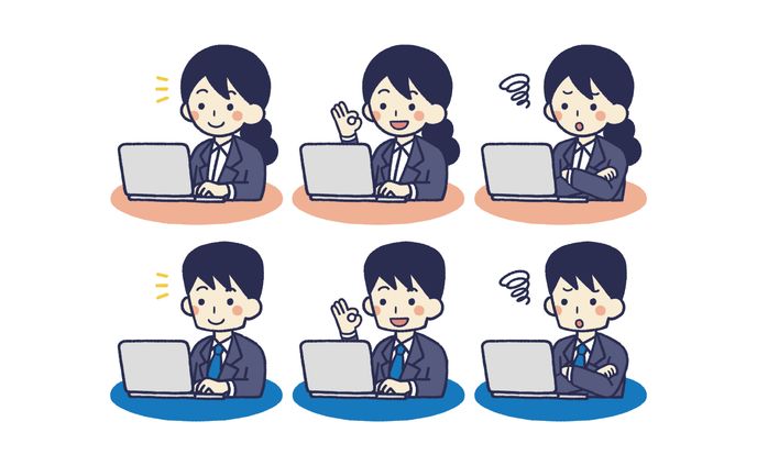 素材用イラスト_スーツ姿で働く人(パソコン)