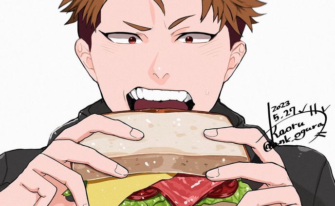 創作キャラ
南×サンドウィッチ
今回1番時間がかかった！
色の塗り方を変えてみたくて何回もやり直してました笑

#創作男子　#創作イラスト　#食べ物イラスト　#飯テロ　#飯テロイラスト　#サンドウィッチ　#foodillustration #fooddrawing