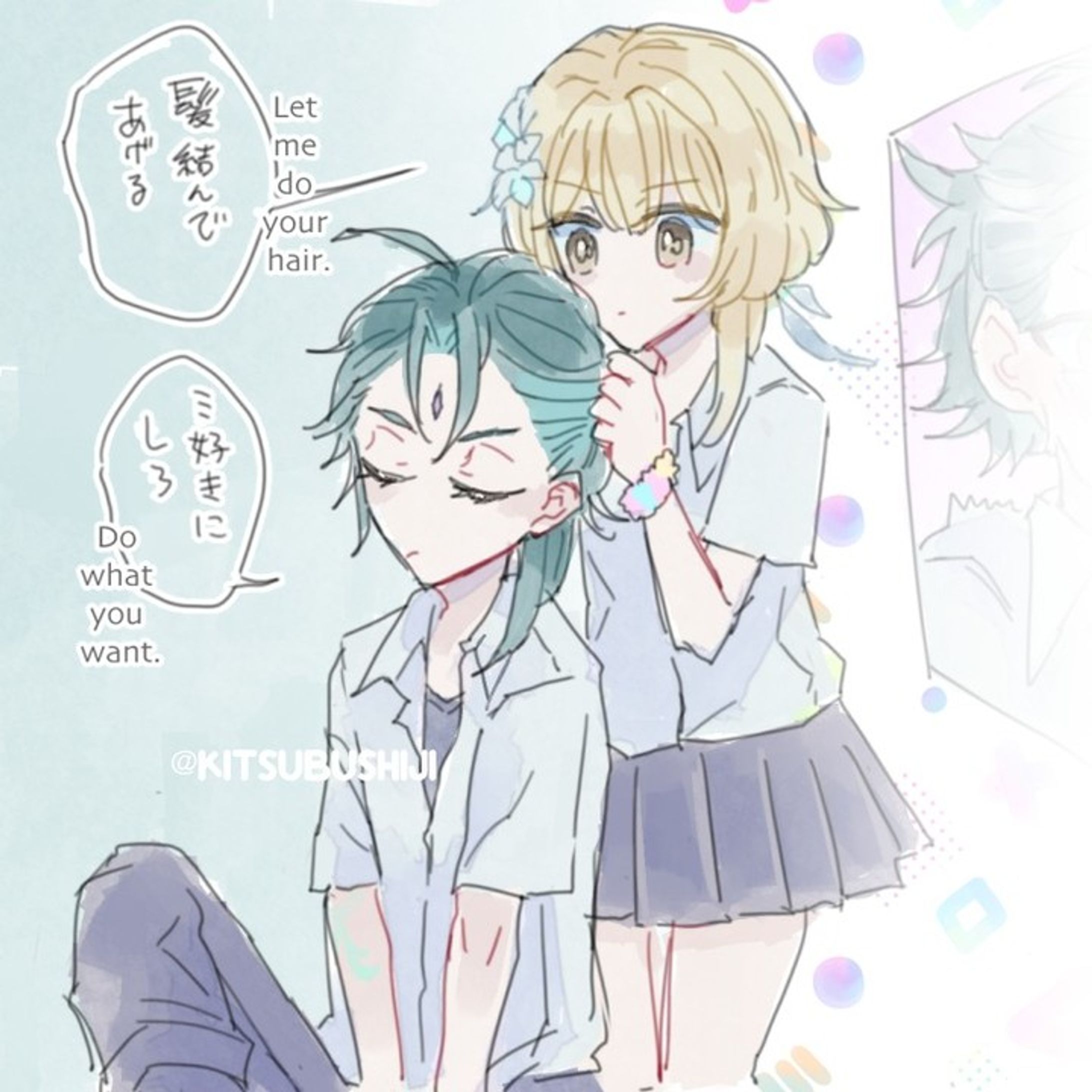 𝕩𝕚𝕒𝕠𝕝𝕦𝕞𝕚🎀High school AU

Do my hair💕 part.1

#魈蛍 #xiaolumi #lumine #xiao 
#luminegenshinimpact #xiaogenshinimpact 
#genshinimpactfanart #genshinimpact
#xiaoxlumine-1