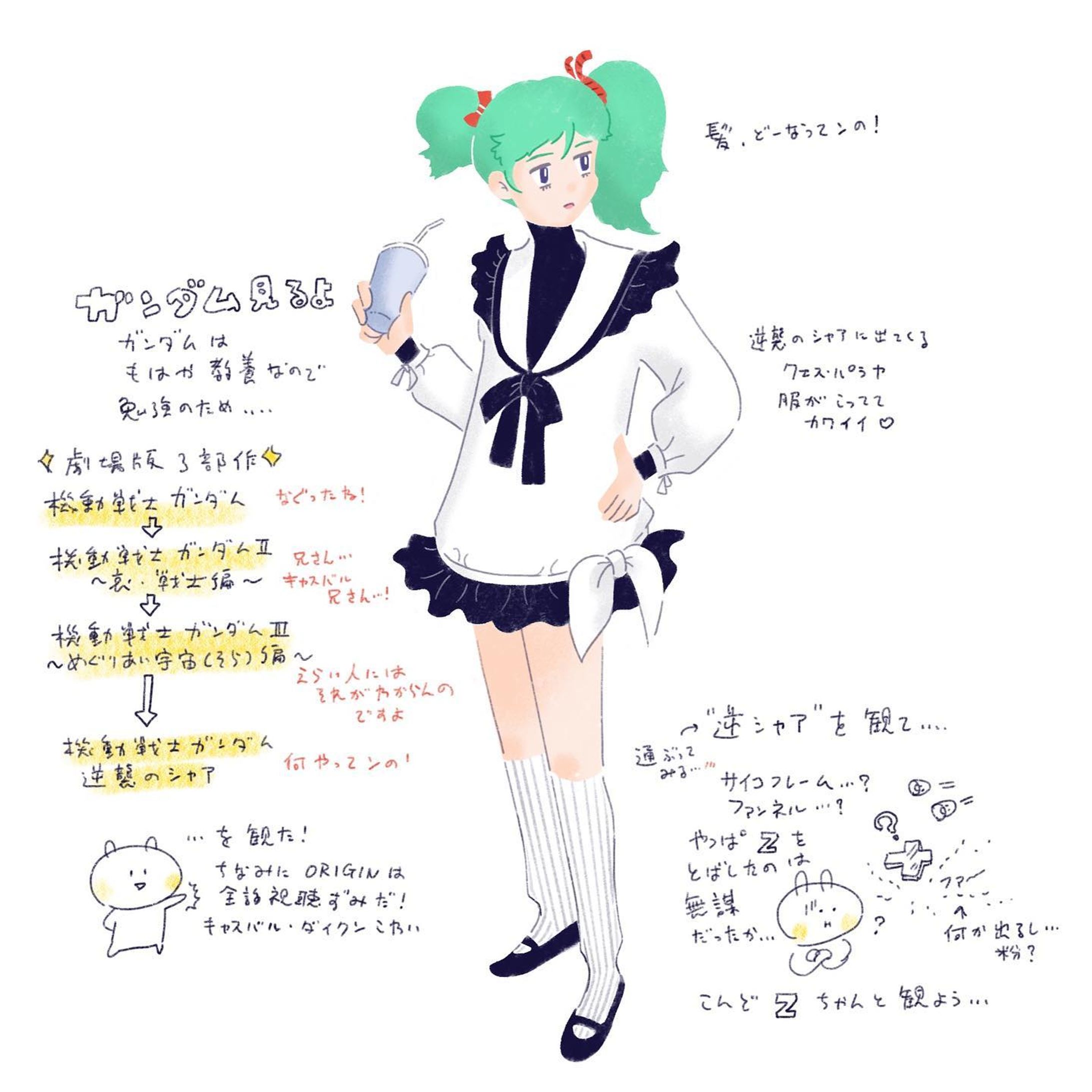 ガンダムってもはや一般教養だな…と思って、劇場版三部作と逆襲のシャアを観て勉強しました！

クェスがわけわからん性格で好きです😂

#illustration 
#gundam 
#イラスト
#ガンダム
#逆襲のシャア 
#クェスパラヤ-1