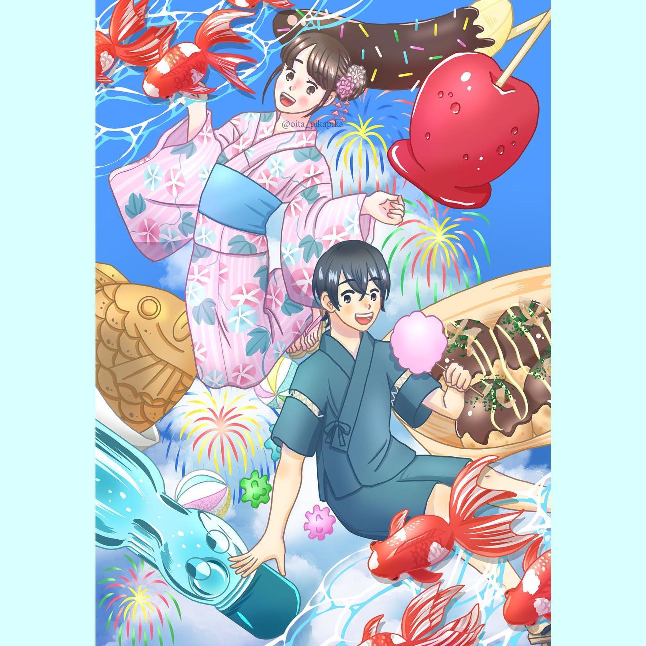 【夏と鼓動と祭りの音】

踊る心とはしゃぐ君
真夏だけの僕らの楽しみ
・
・
・
【Summer, heartbeat and the sound of the festival】

Dancing heart and fun you.
Our fun only in the middle of summer.

今度出る展示に出す作品になります。印刷して展示する時にはここから更に手が加わって、展示で観て楽しい工夫があるはずなので、楽しみにしていてもらえると嬉しいです。よろしくお願いいたします。

#illustration #illustgram #orginal #originalillustration #digitalillustration #summerfestival #natsumatsuri #japanesegirl #japanesefestival #japanese #yukata  #浴衣　#夏祭り　#創作　#オリジナル #イラスト　#イラストレーション #デジタルイラスト #イラストグラム #日本の夏 #祭 #夏 #女の子イラスト #男の子イラスト #金魚 #ラムネ #ramune #goldfish #summer-1